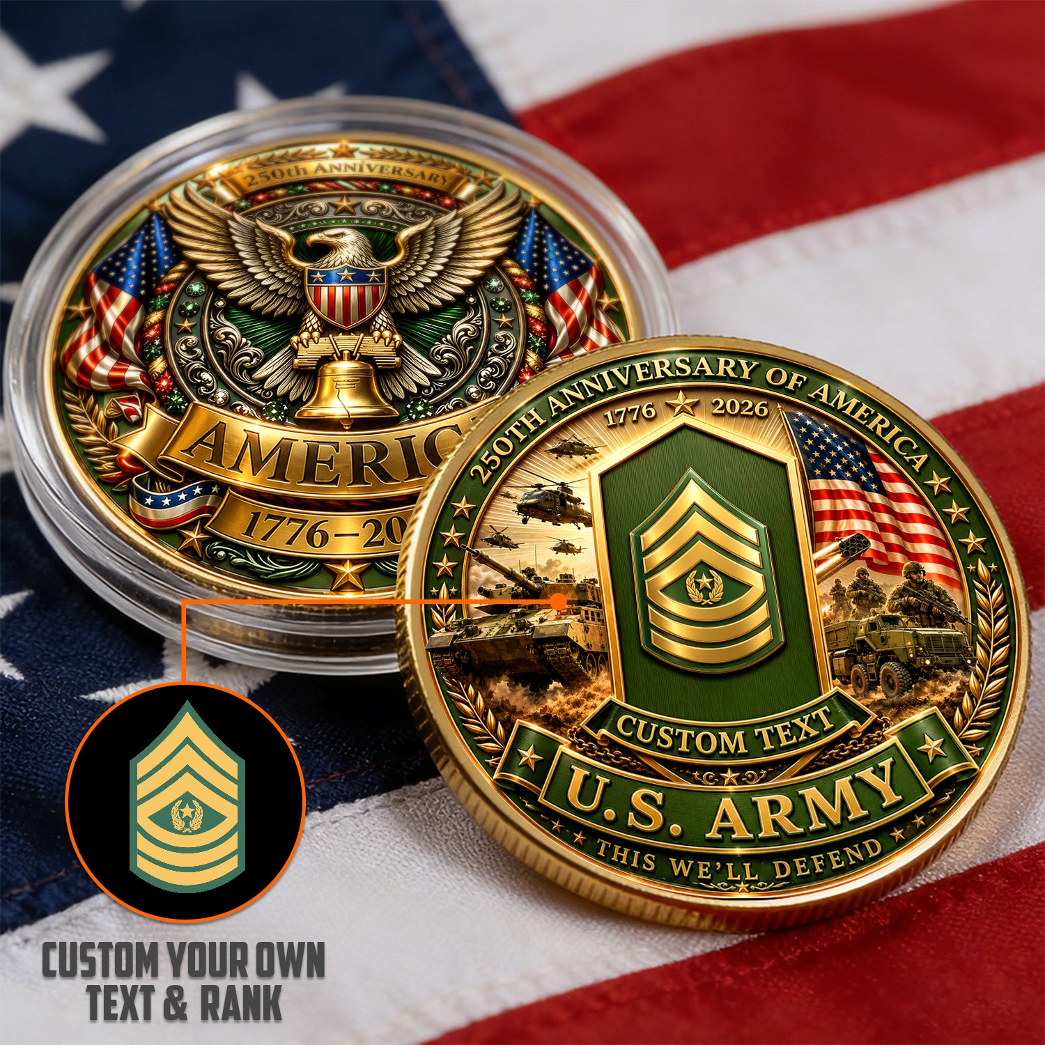 Custom Army 250th Anniversary Challenge Coin With Rank Name