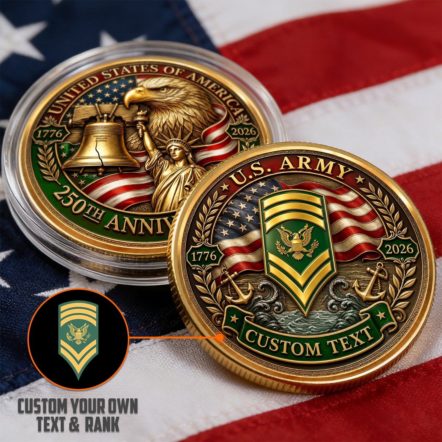 Personalized U.S. Army Rank Coin 1776-2026 Custom Text