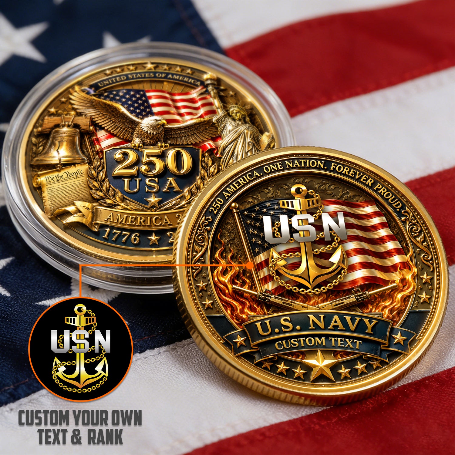 Custom U.S. Navy Rank Coin America 250 Years Military Anniversary Gift