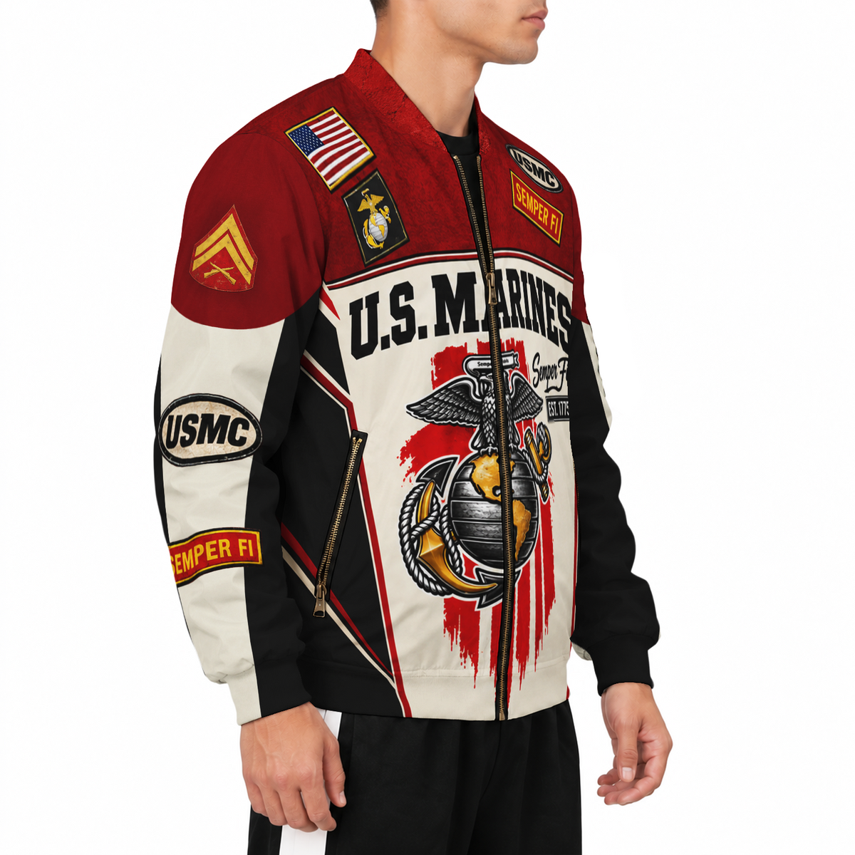 Personalized U.S. Marine Corps Bomber Jacket Custom Rank & Text Veteran Gift