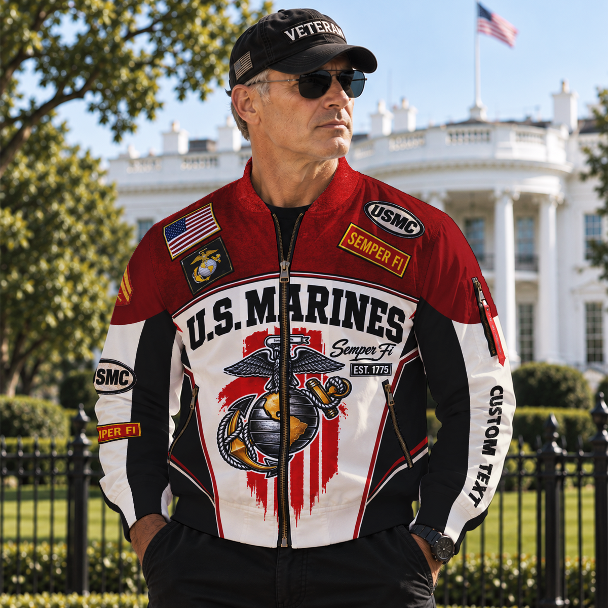 Personalized U.S. Marine Corps Bomber Jacket Custom Rank & Text Veteran Gift