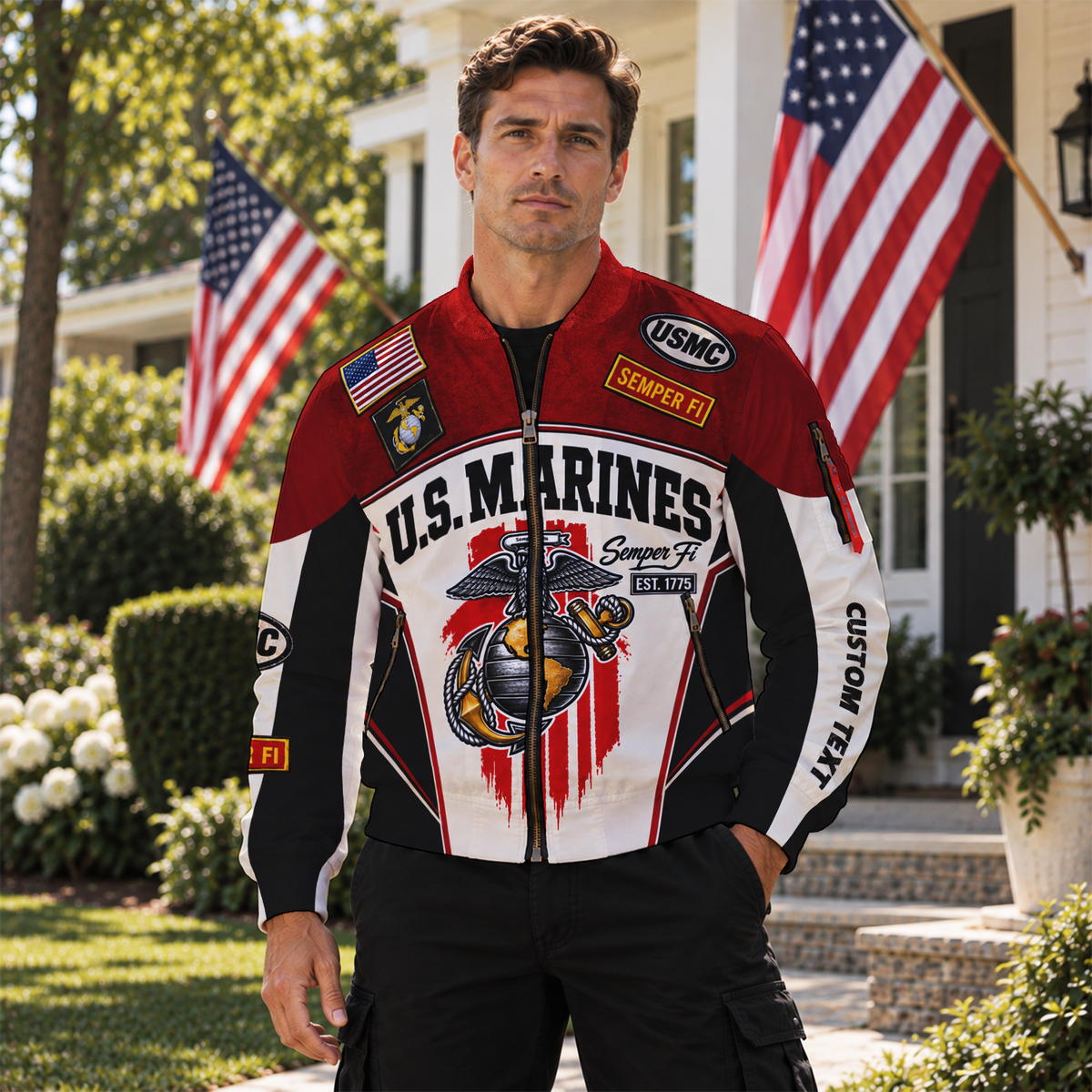 Personalized U.S. Marine Corps Bomber Jacket Custom Rank & Text Veteran Gift