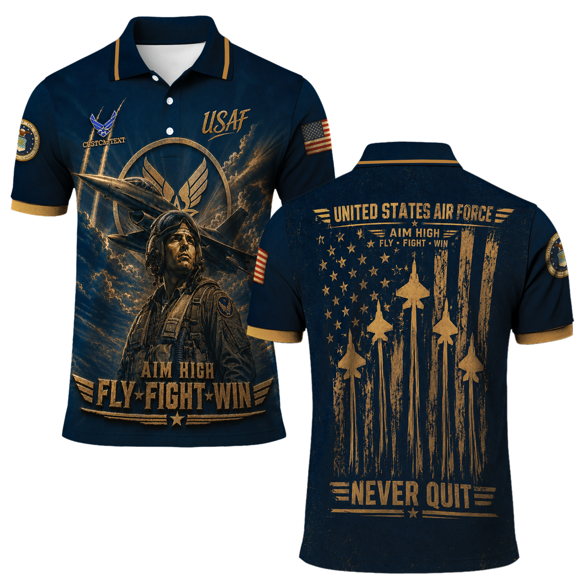 Personalized US Air Force Military Polo Shirt Custom Rank