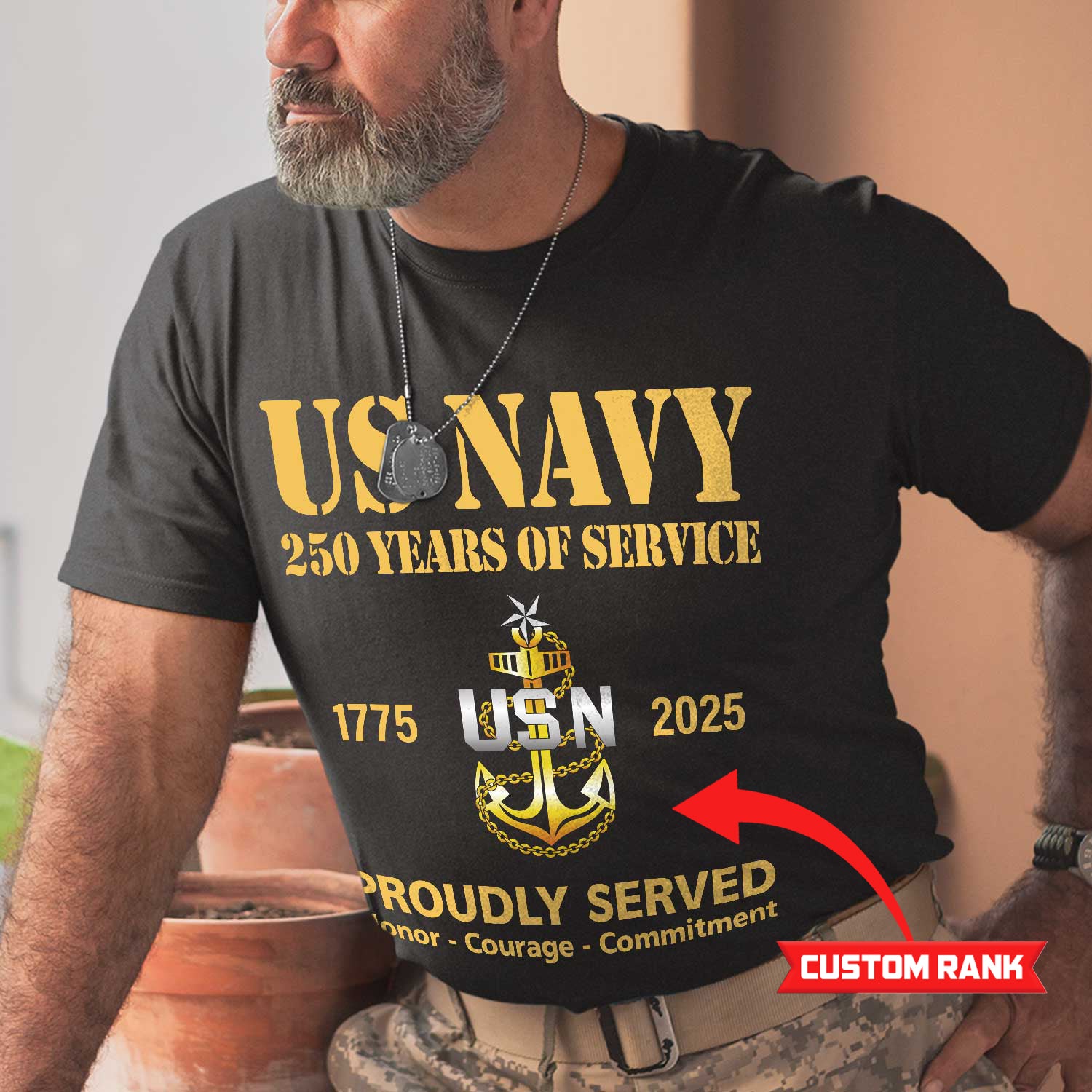 US Navy 250 Years Of Service Custom Ranks/Insignia Front T-Shirt