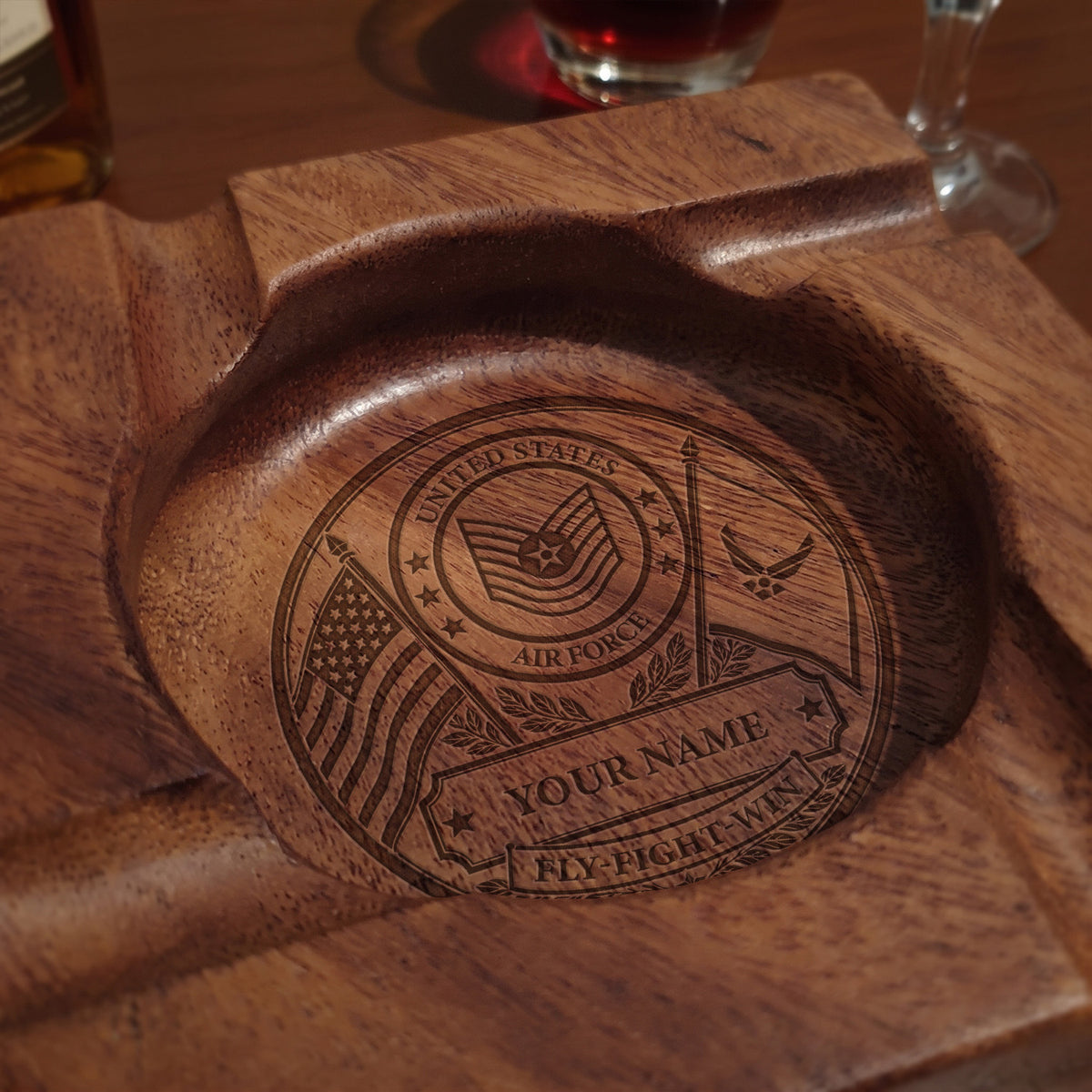Custom Air Force Walnut Ashtray Personalized Veteran Rank and Text