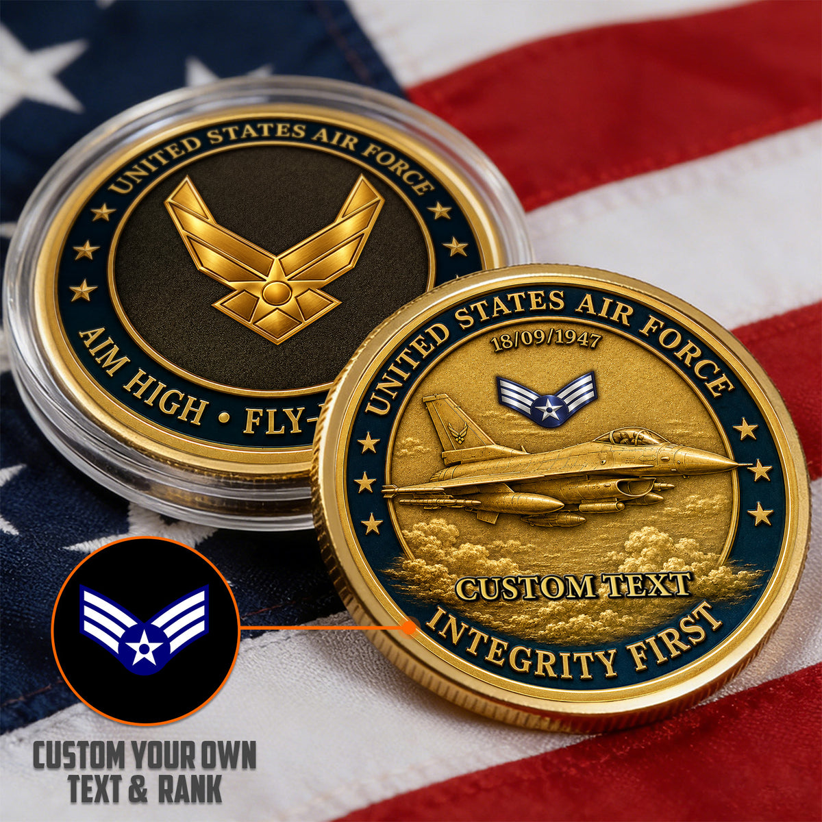 Personalized USAF Career Rank Text 3D Challenge Coin