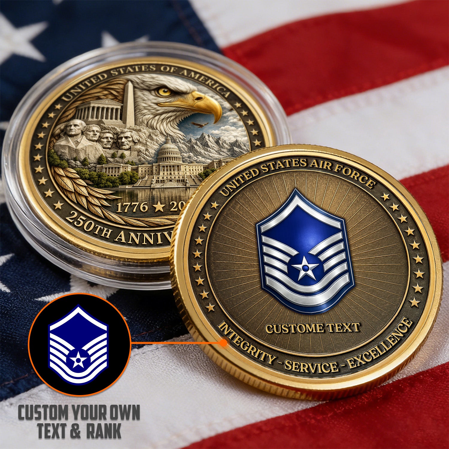 USAF Custom Text Rank 250th USA 3D Challenge Coin Gift