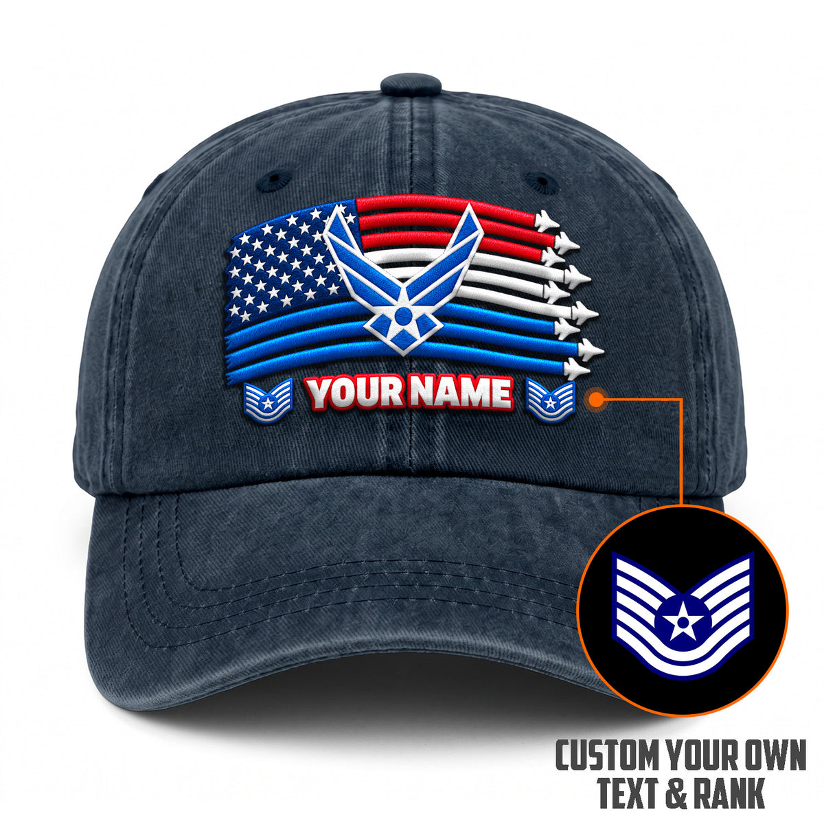 U.S. Air Force Embroidered Cap Custom Rank Text Veteran Gift