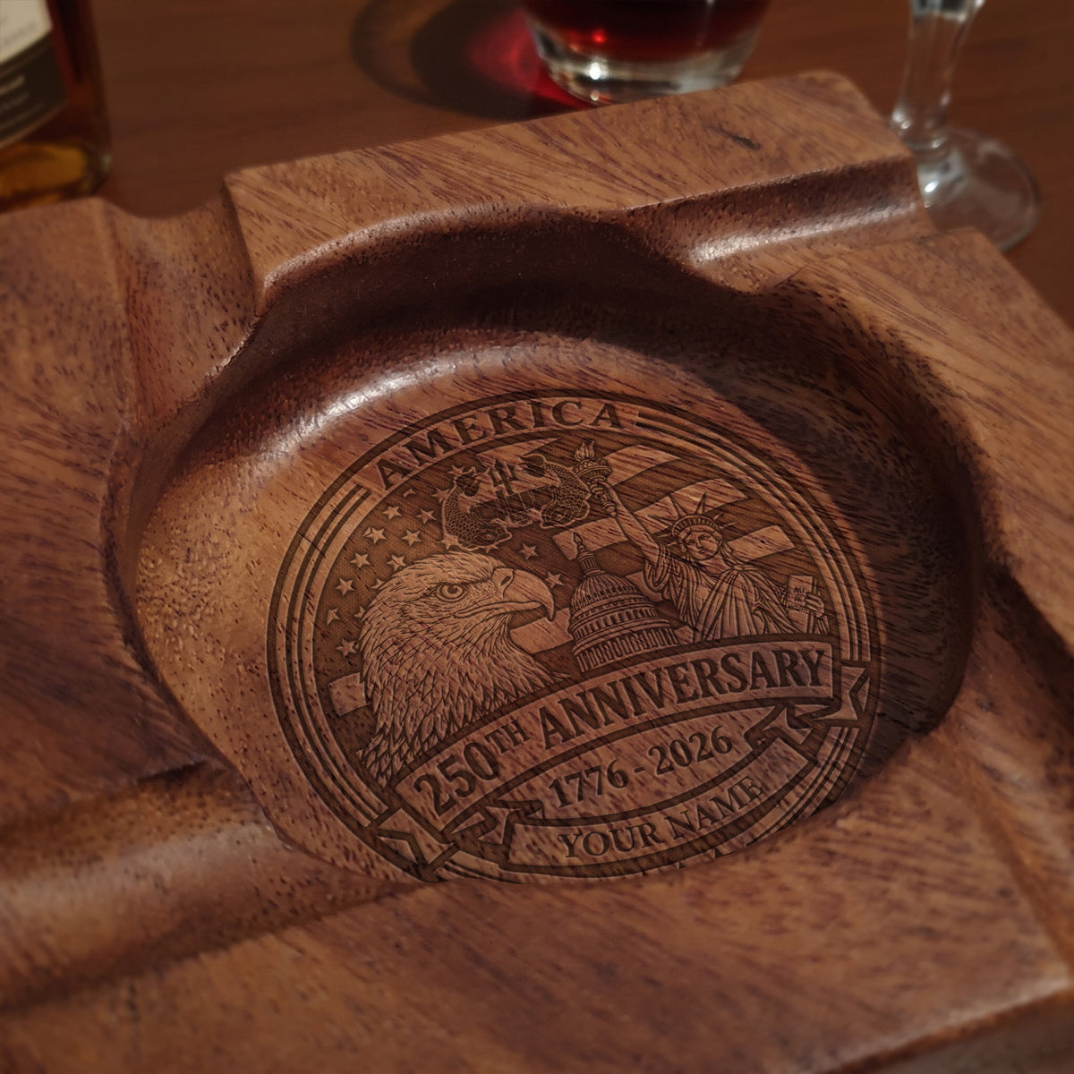 U.S. Navy Walnut Cigar Ashtray Custom Military Rank and Text