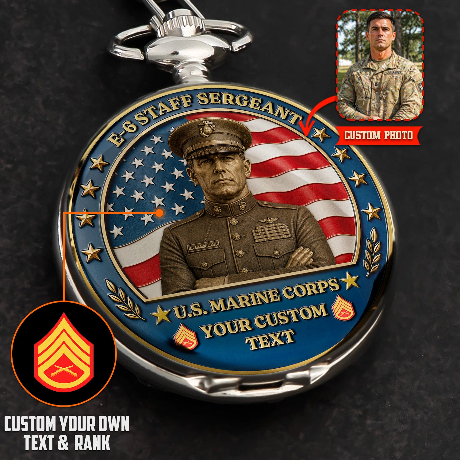 Custom USMC Rank Pocket Watch Military Veteran Gift
