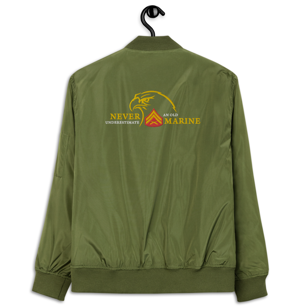 Never Underestimate An Old Marine, Custom MARlNE Ranks, Insignia On Back, Embroidered Recycled Bomber Jacket