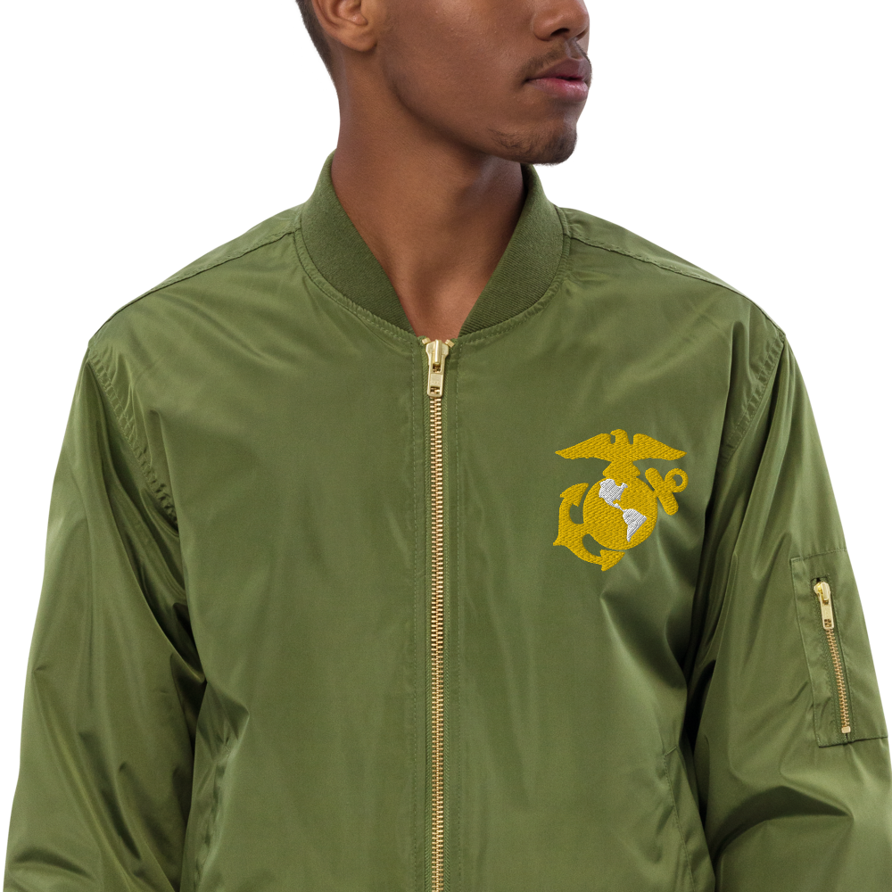 Never Underestimate An Old Marine, Custom MARlNE Ranks, Insignia On Back, Embroidered Recycled Bomber Jacket