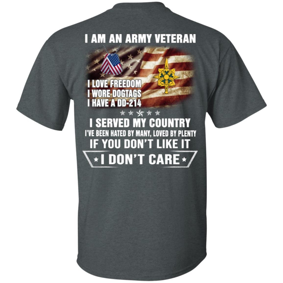 T-Shirt "I Am An Army Military Intelligence Branch Veteran" On Back-TShirt-Army-Veterans Nation