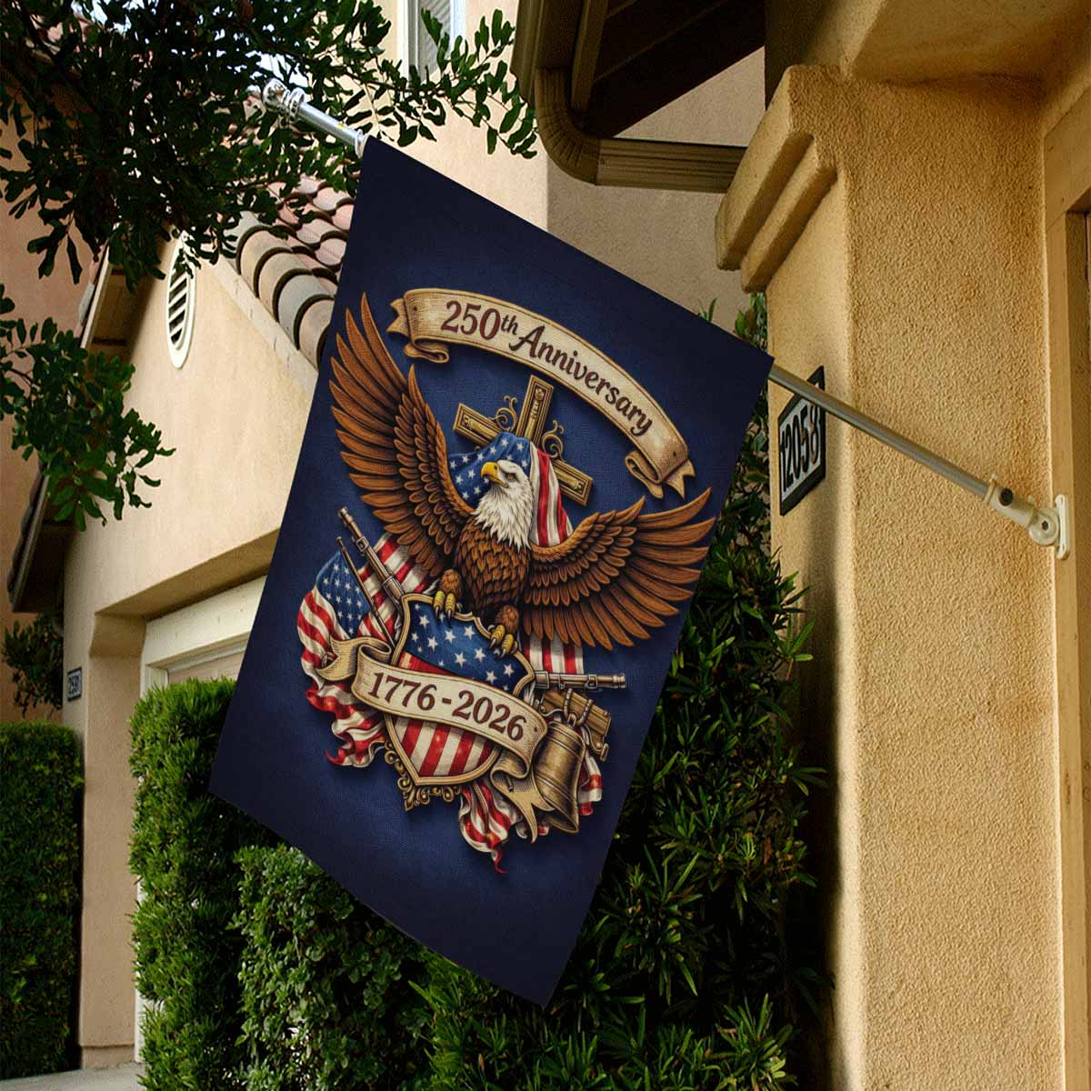 America 250 House Flag Patriotic Eagle Liberty Bell Cross 1776-2026 Anniversary