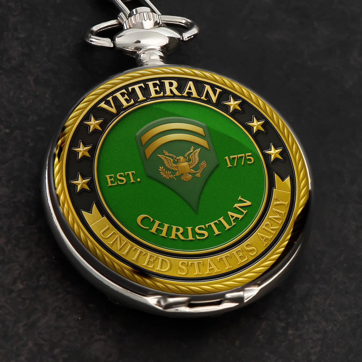Personalized US Army EST 1775  Custom Ranks/Insignia And Text Round Pocket Watch