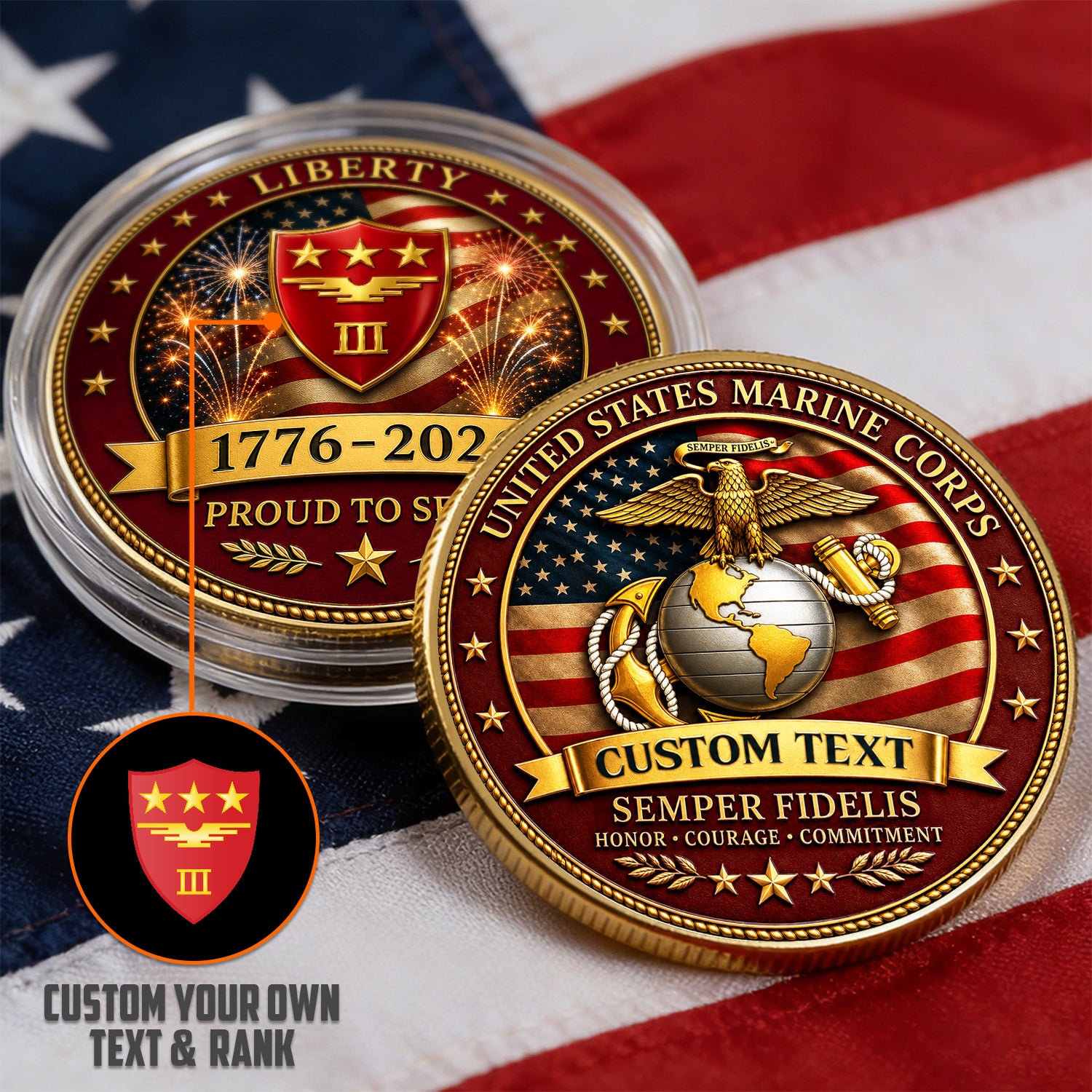 Personalized U.S. MARlNES Veteran Rank Challenge Coin – Custom Text & Rank