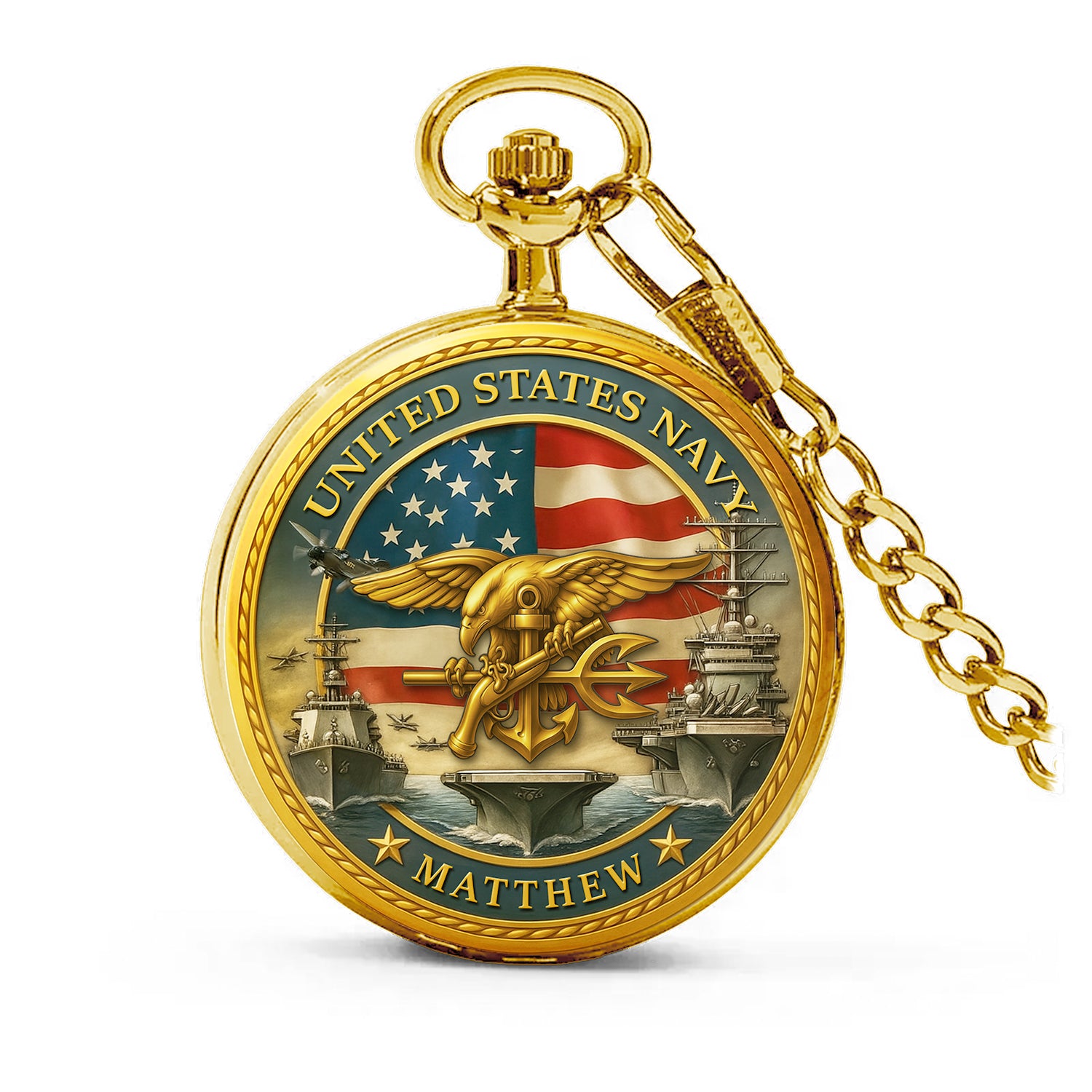 Personalized US Navy 250th Anniversary Custom Ranks/Insignia And Text Round Pocket Watch