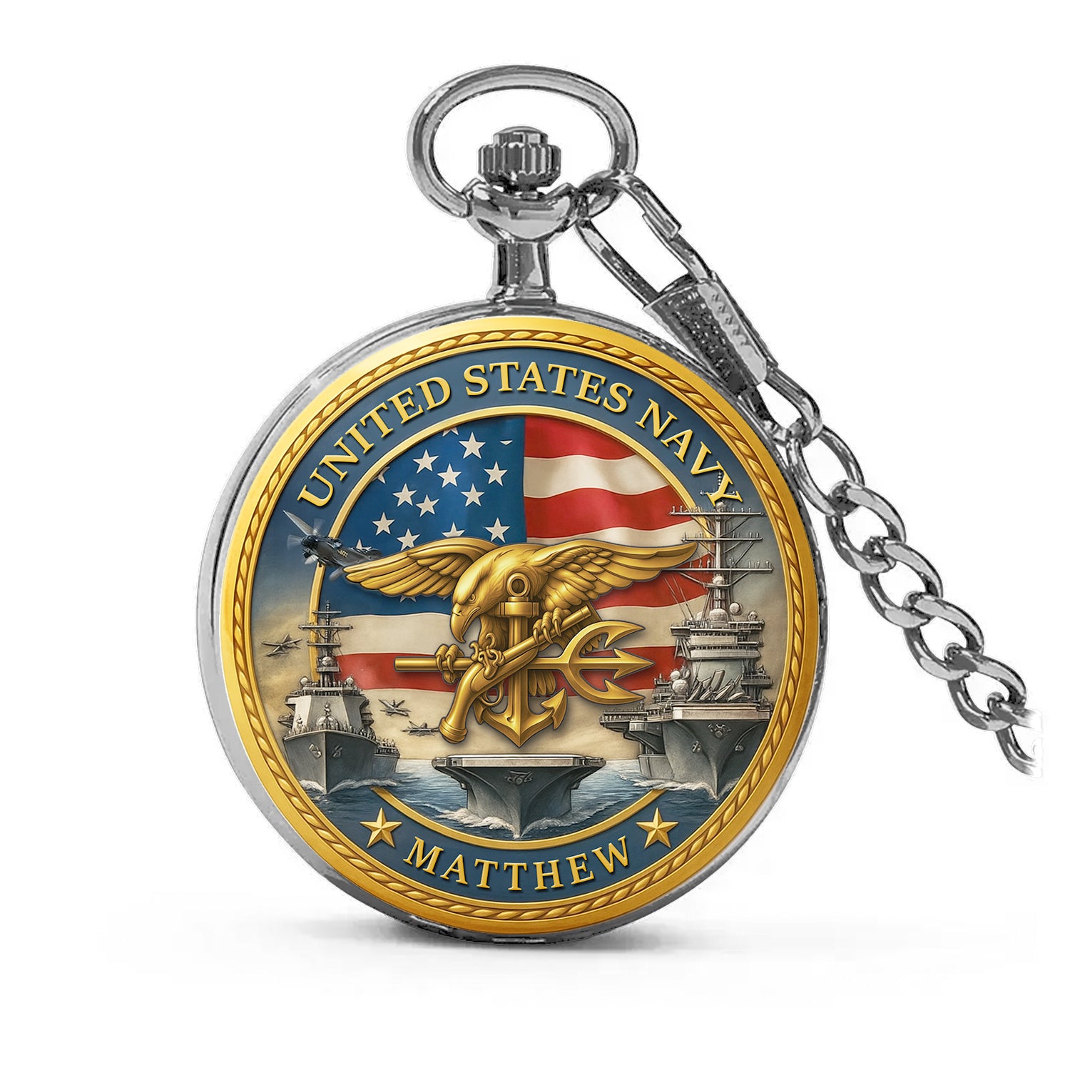 Personalized US Navy 250th Anniversary Custom Ranks/Insignia And Text Round Pocket Watch