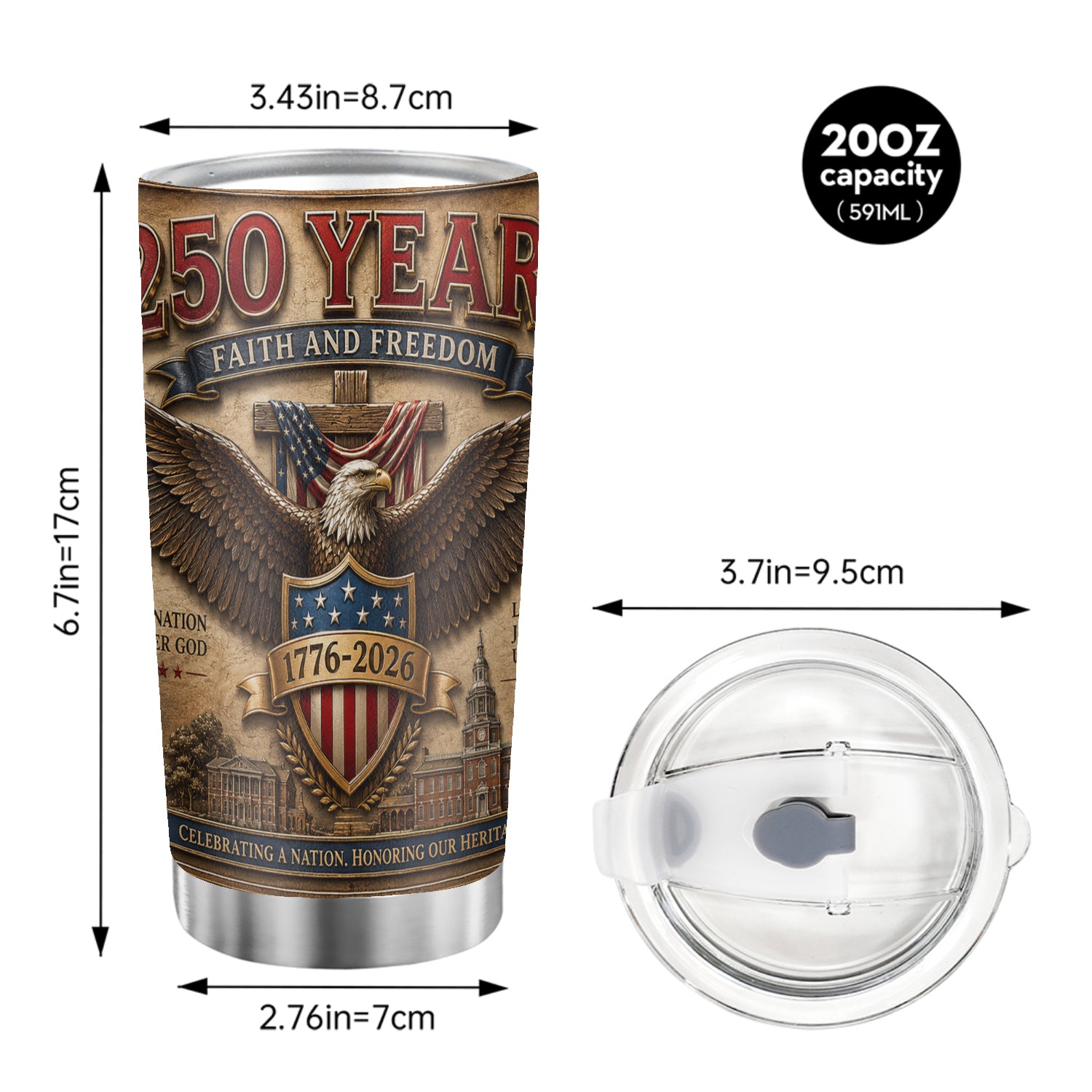 America 250 Years Faith and Freedom 20oz Tumbler Patriotic Gift