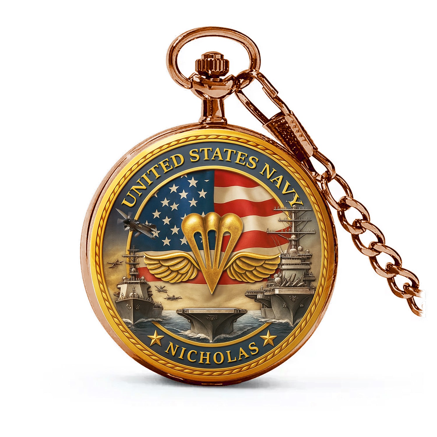 Personalized US Navy 250th Anniversary Custom Ranks/Insignia And Text Round Pocket Watch