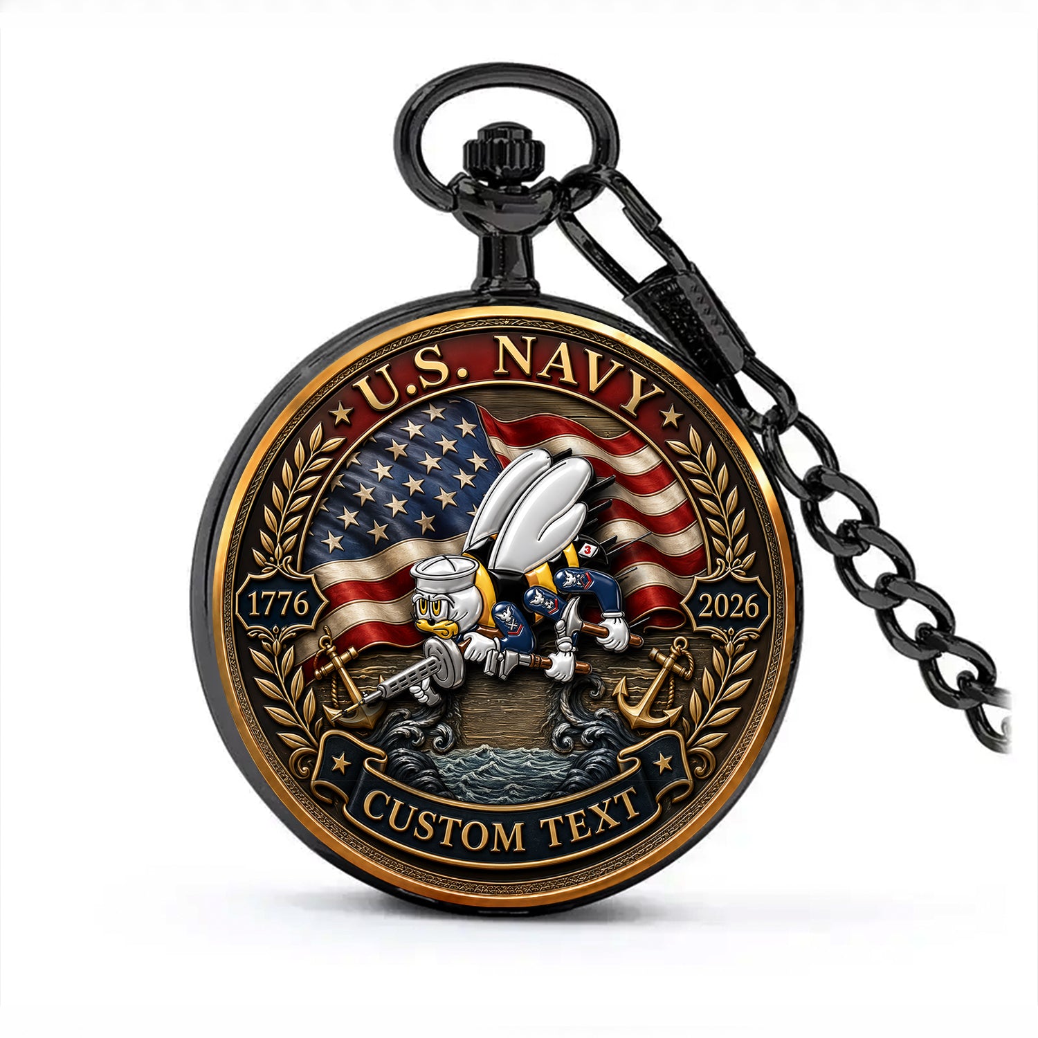US Navy Pocket Watch Personalized Text and Rank Gift
