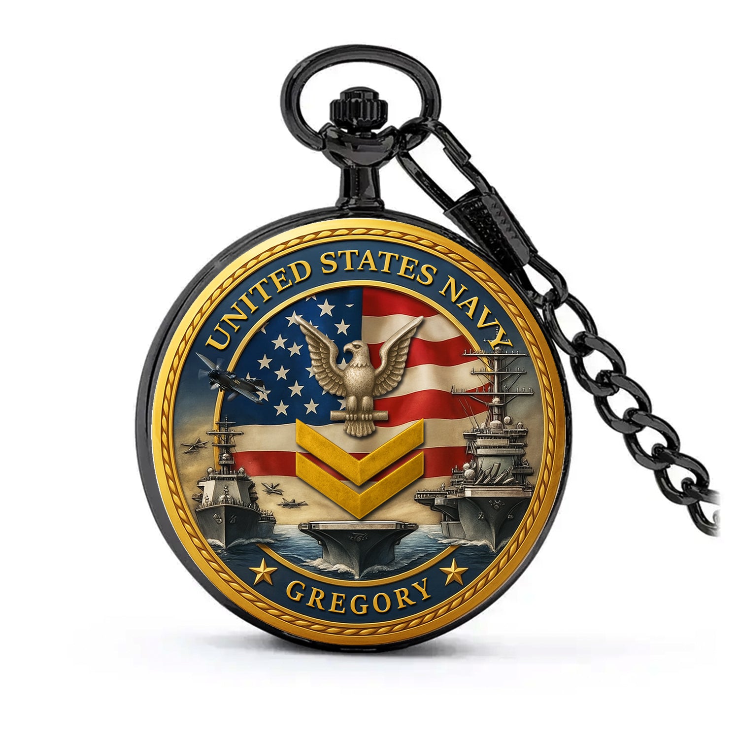 Personalized US Navy 250th Anniversary Custom Ranks/Insignia And Text Round Pocket Watch