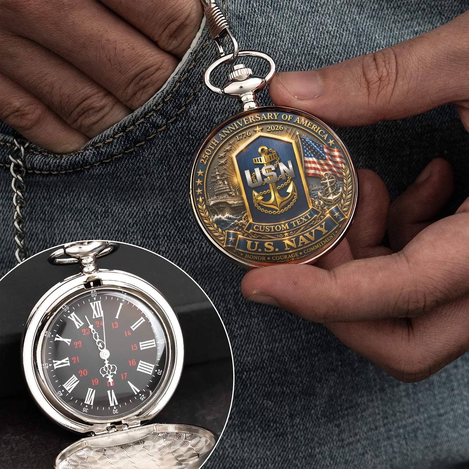 US Navy 250 Years Anniversary Pocket Watch Veteran Gift