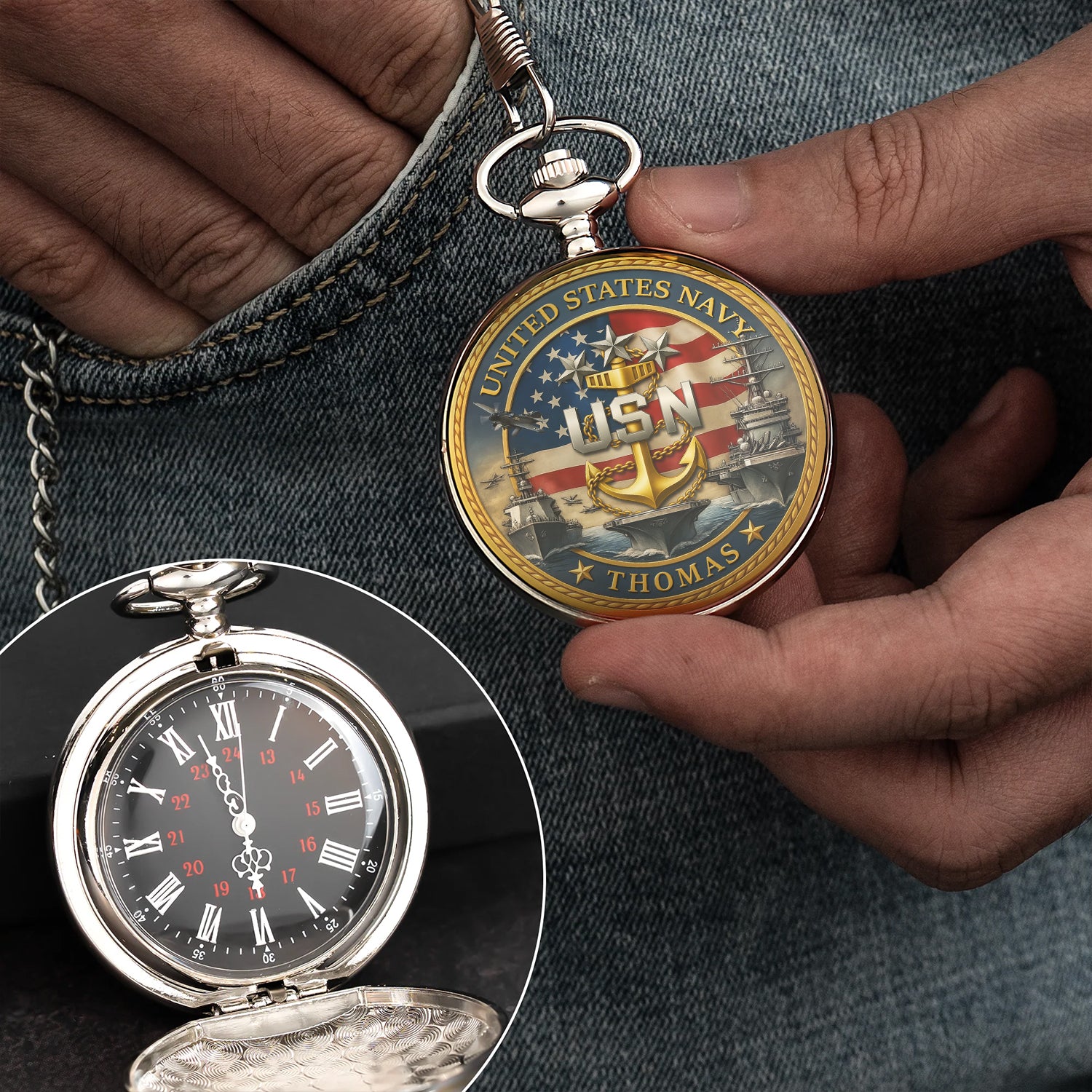 Personalized US Navy 250th Anniversary Custom Ranks/Insignia And Text Round Pocket Watch