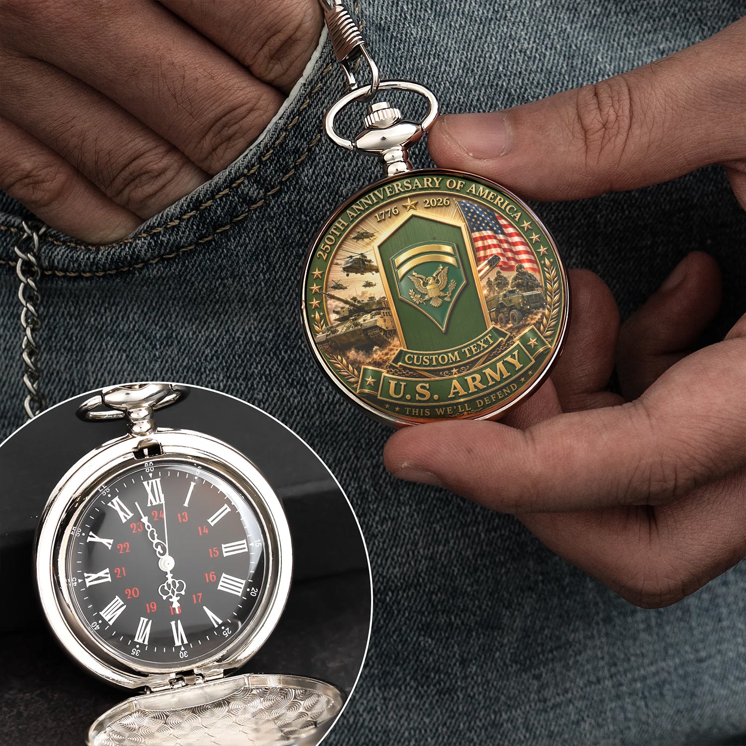 Custom US Army Rank Pocket Watch 250th Anniversary Gift for Veterans