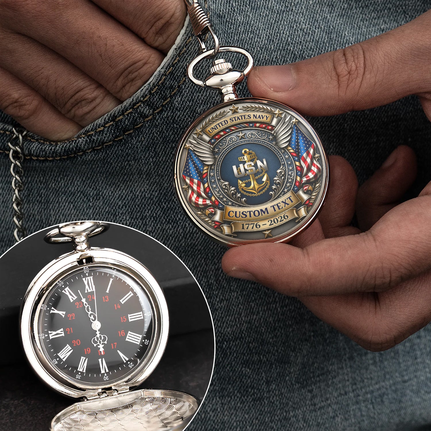 Custom US Navy Military Pocket Watch Veteran Appreciation Gift