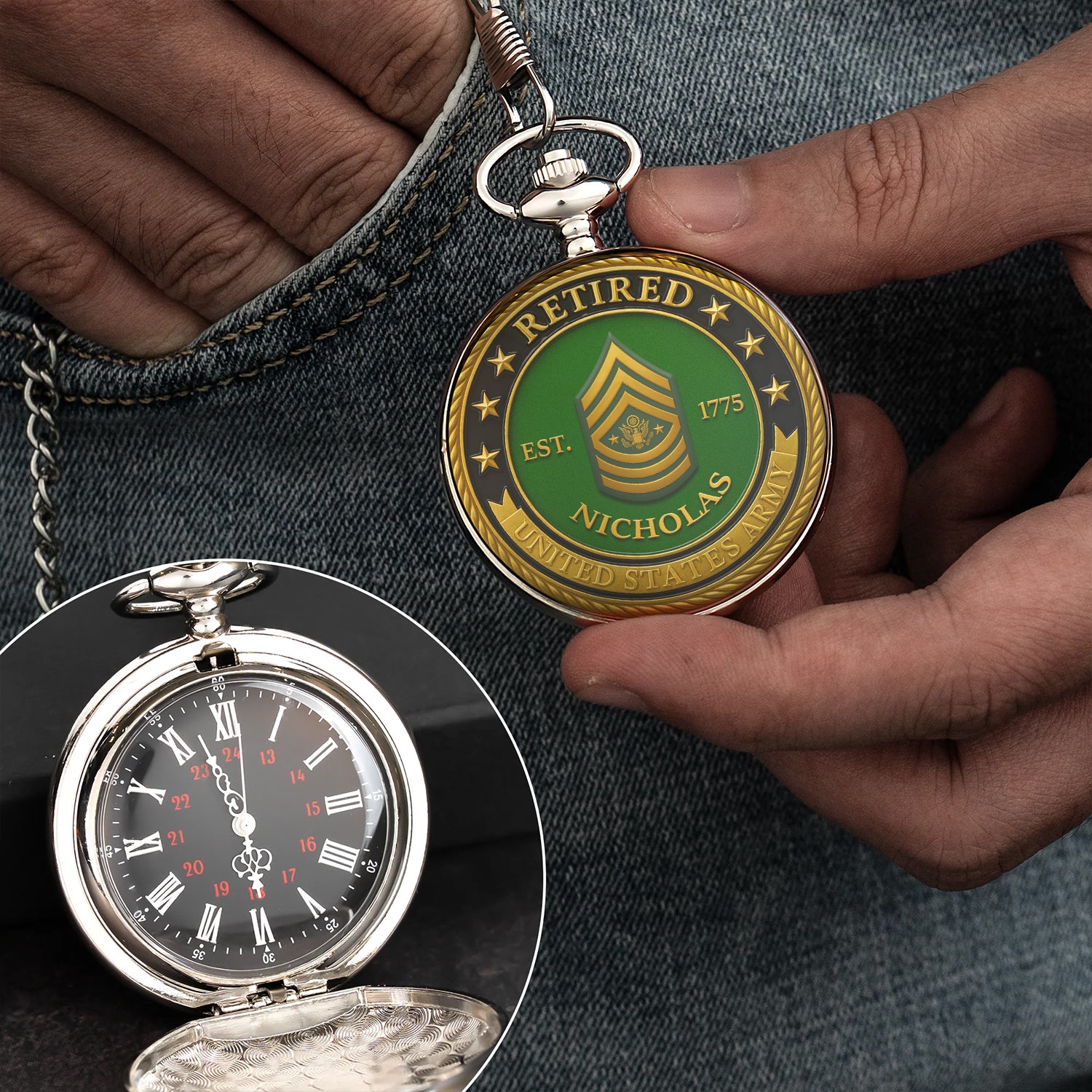 Personalized US Army EST 1775  Custom Ranks/Insignia And Text Round Pocket Watch