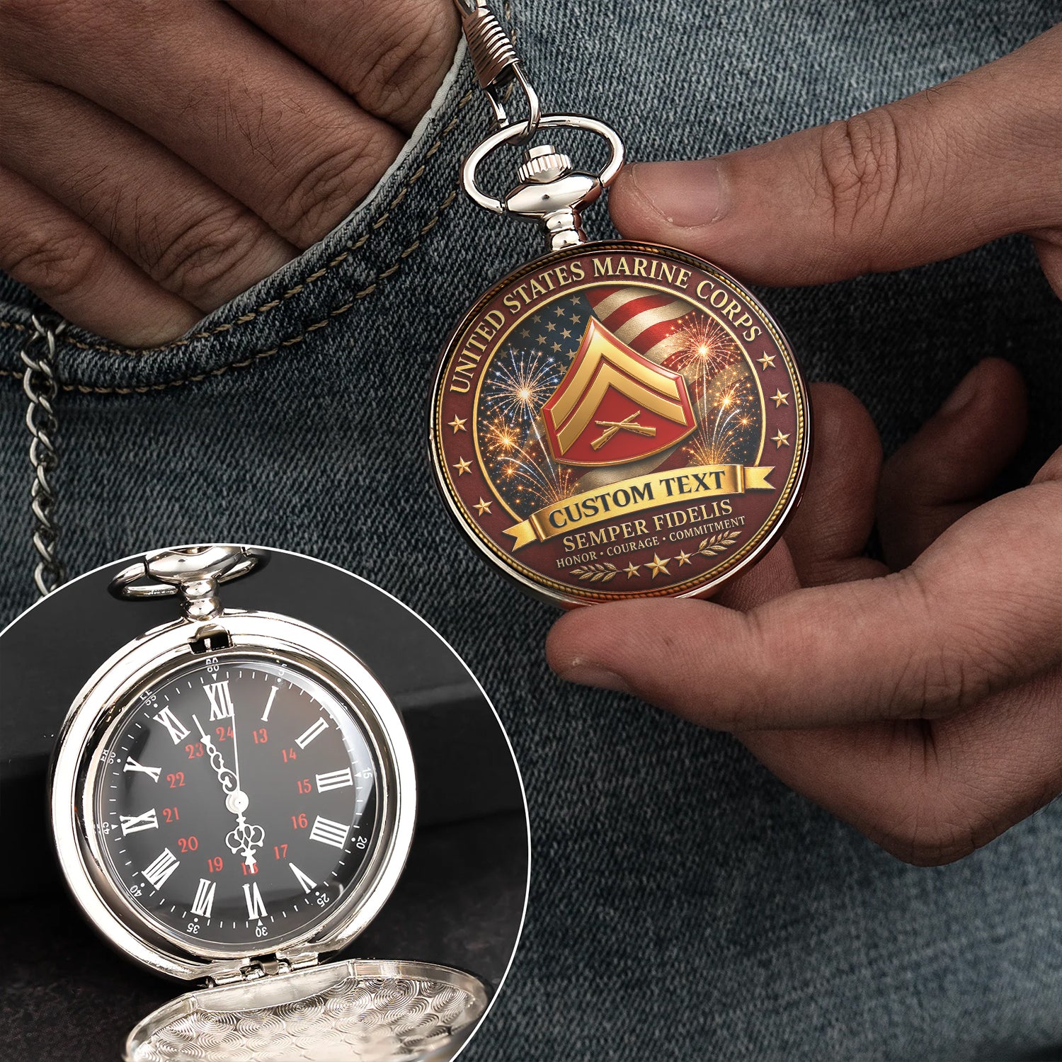USMC Semper Fi Pocket Watch Custom Rank Name Gift