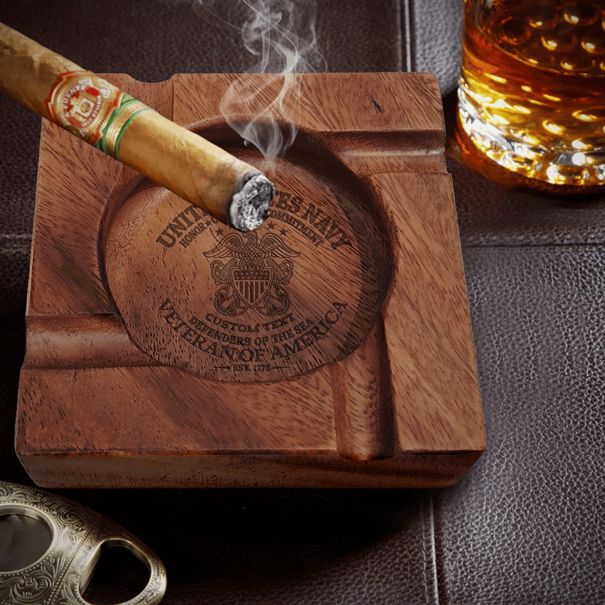 Navy Veteran Wooden Cigar Ashtray Custom Rank and Personalized Text