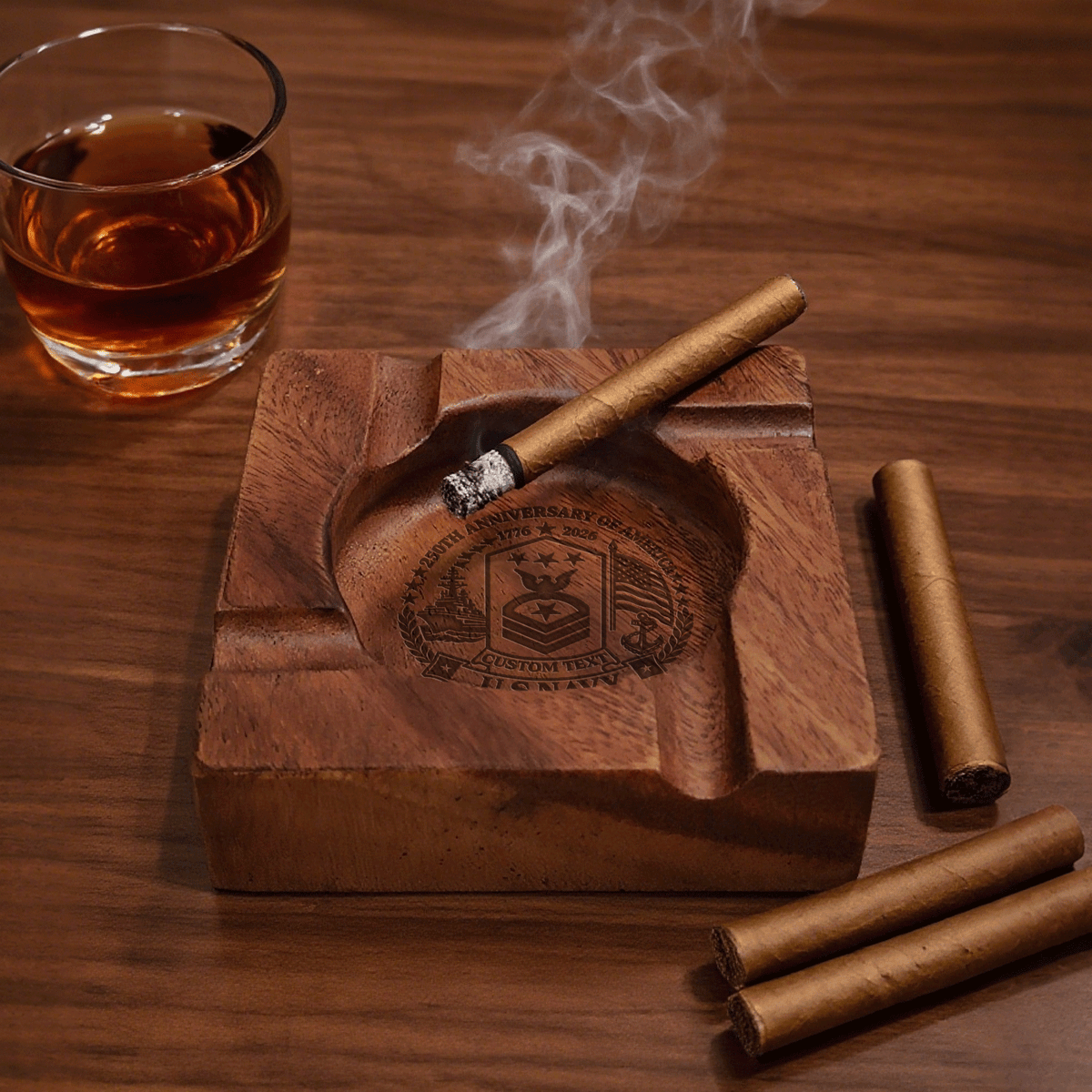 Personalized US Navy Wooden Cigar Ashtray Custom Rank and Text