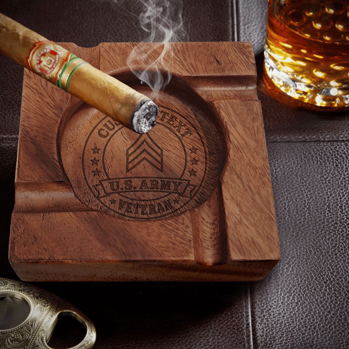 Custom Army Wooden Cigar Ashtray Personalized Rank and Custom Text
