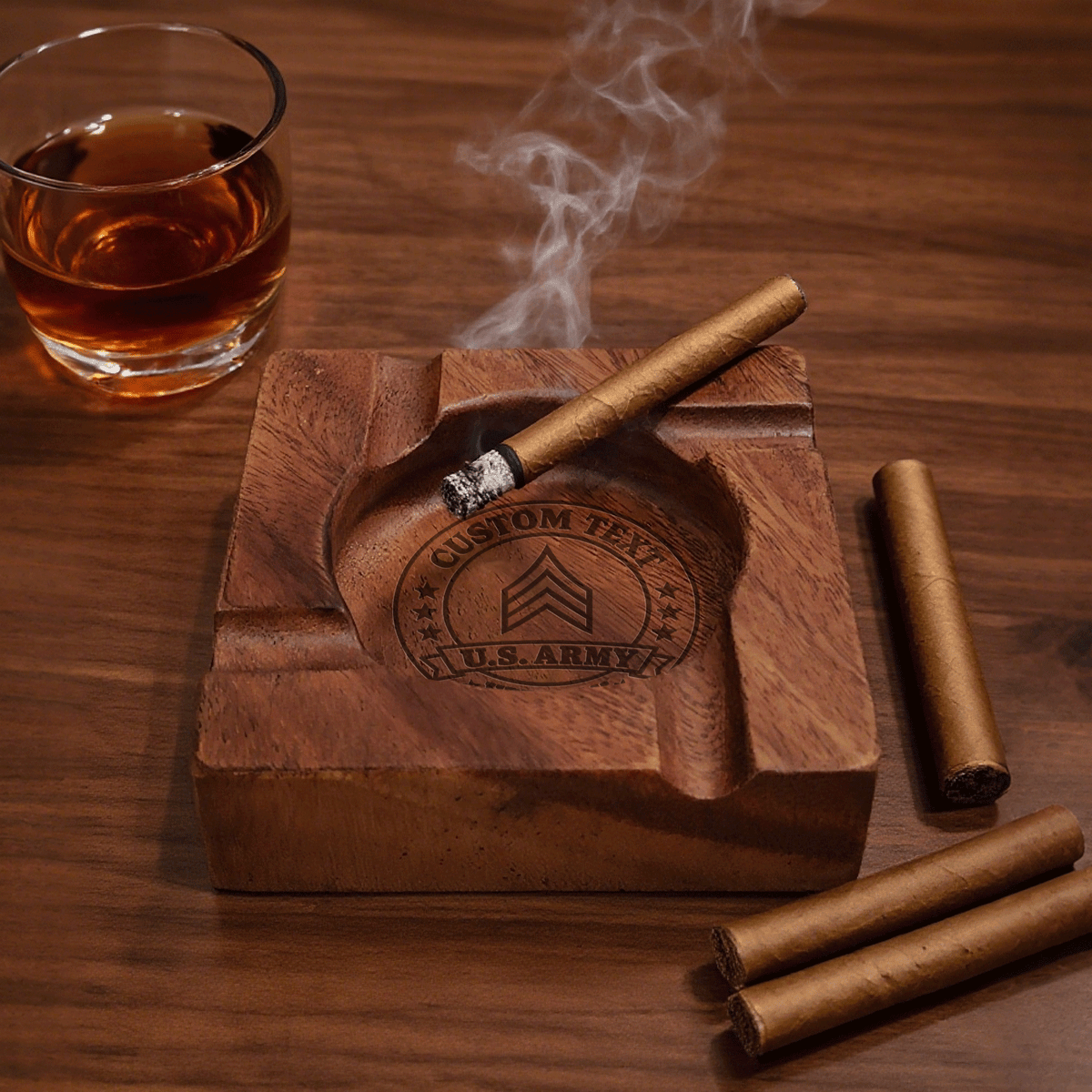 Custom Army Wooden Cigar Ashtray Personalized Rank and Custom Text