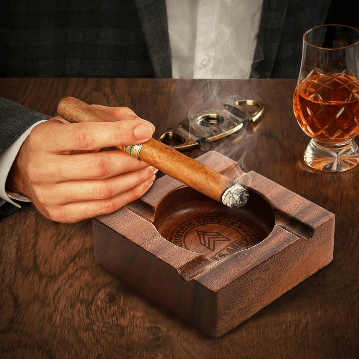 Custom Army Wooden Cigar Ashtray Personalized Rank and Custom Text