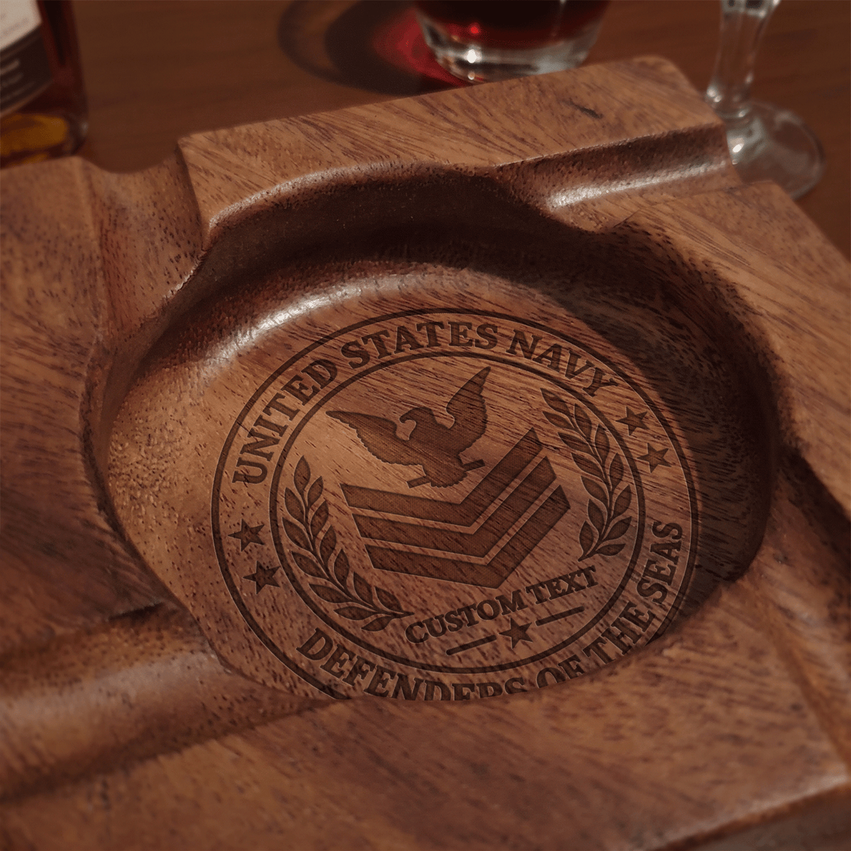 Custom Navy Wooden Ashtray Personalized Rank and Custom Text Gift