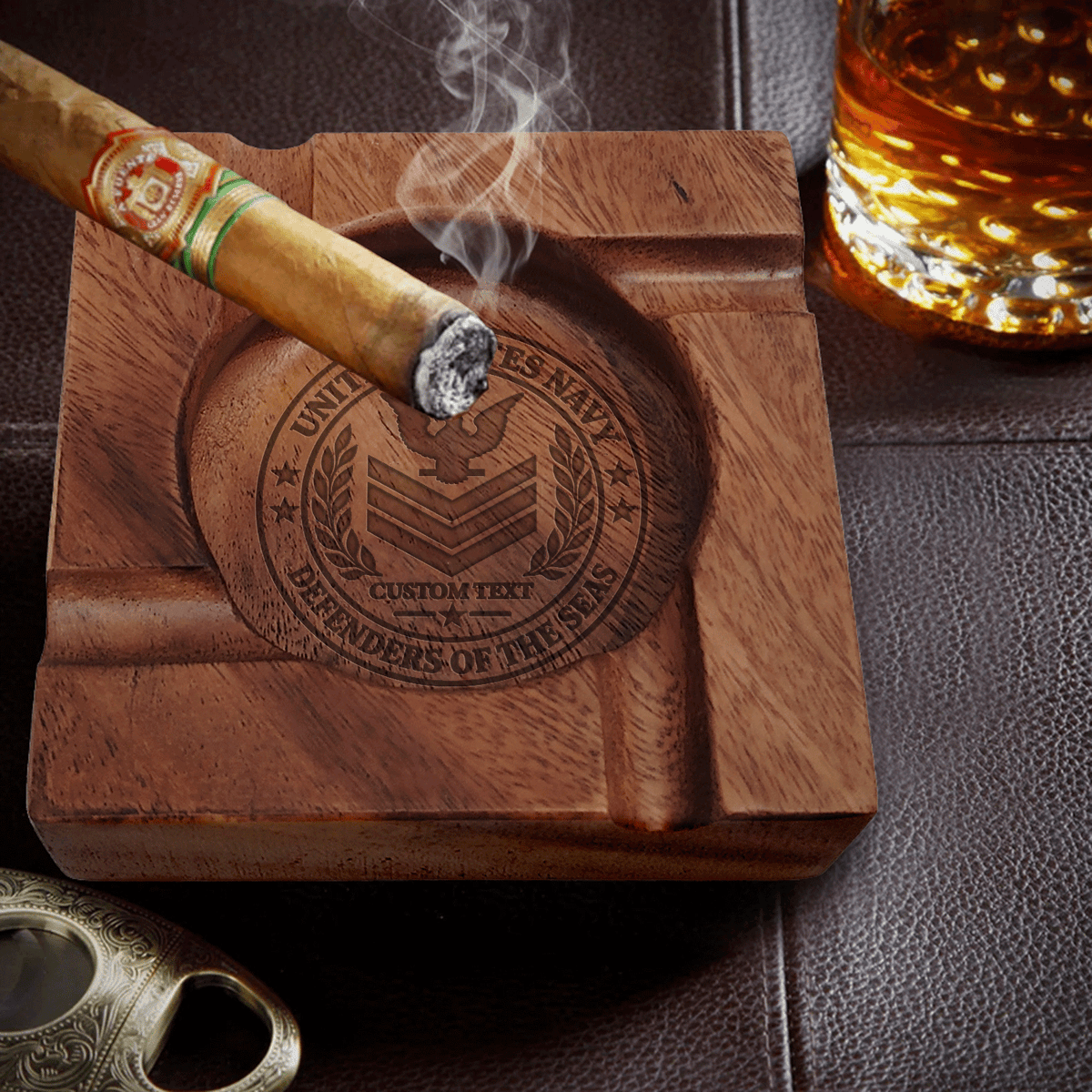 Custom Navy Wooden Ashtray Personalized Rank and Custom Text Gift