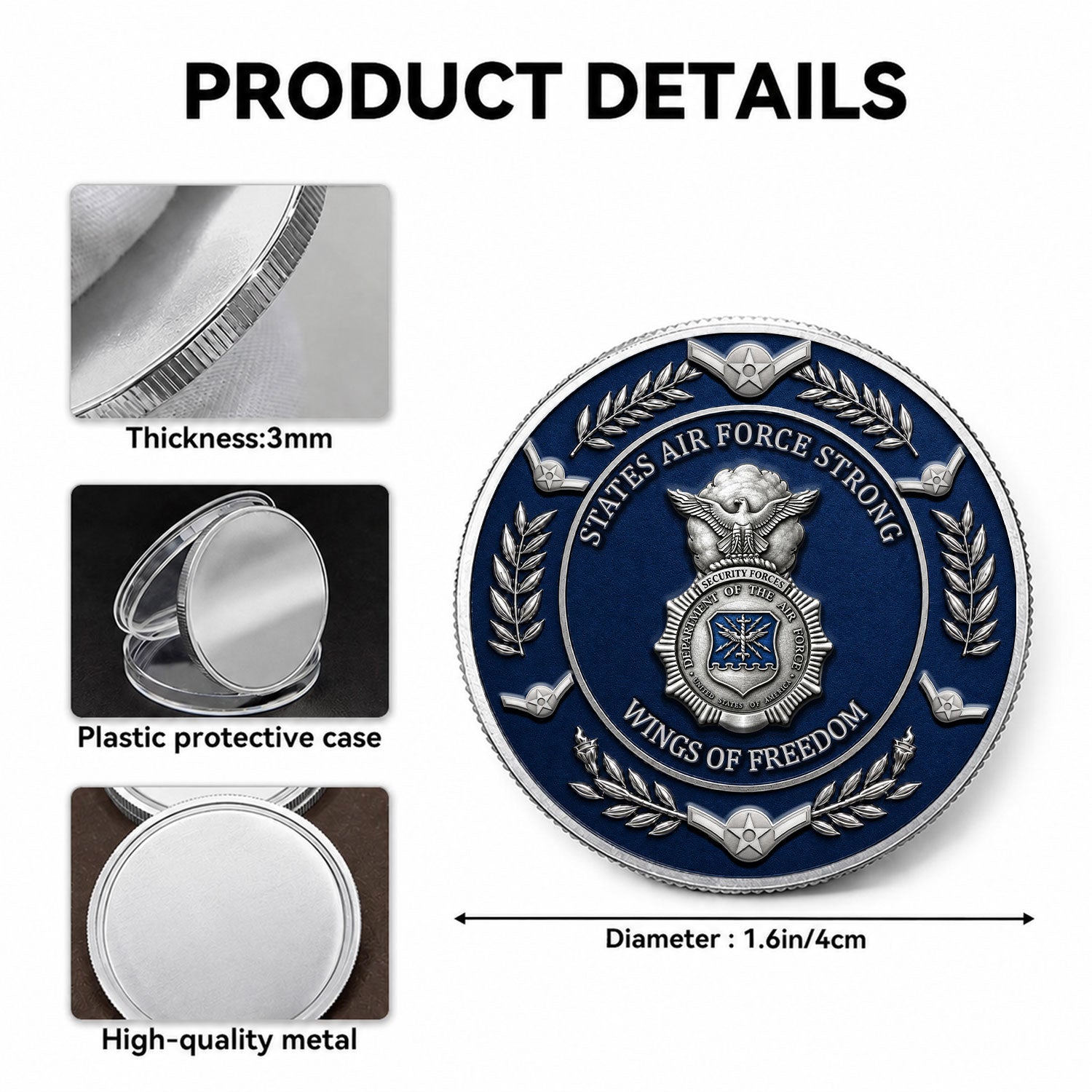 Custom USAF Rank and Service Text 3D Challenge Coin Keepsake