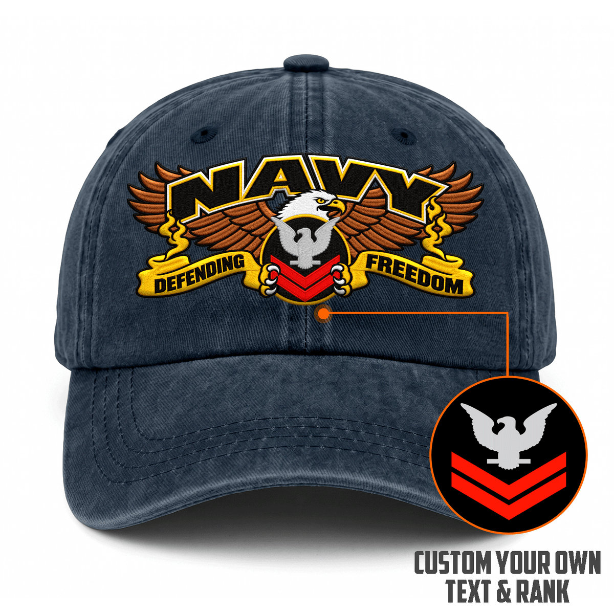 Custom Navy Veteran Washed Cap Personalized Military Rank and Text