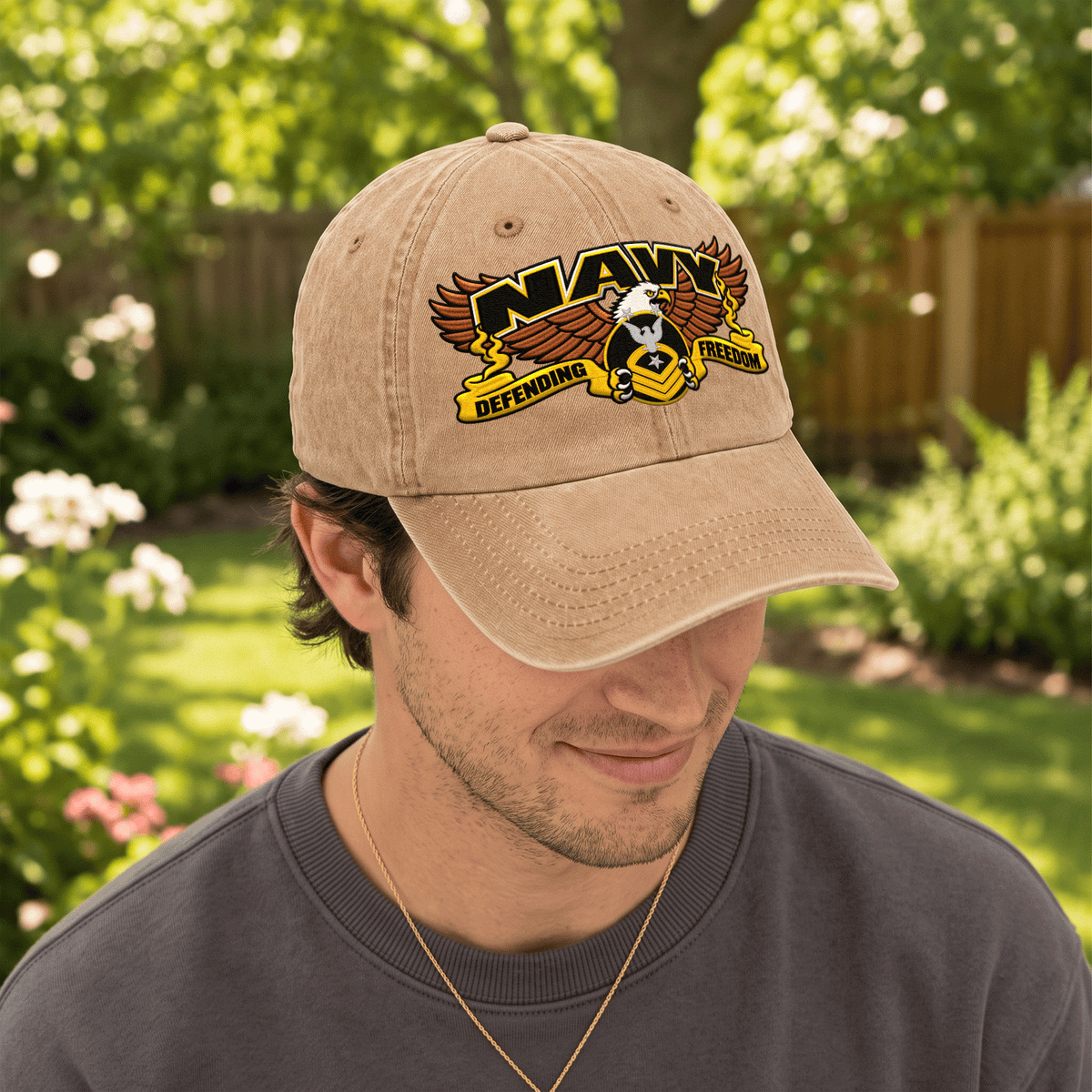 Custom Navy Veteran Washed Cap Personalized Military Rank and Text