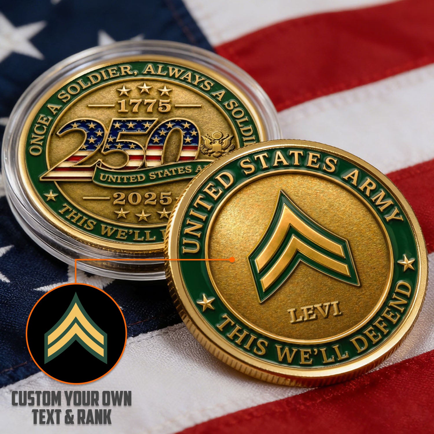 Personalized U.S. Army 250th Anniversary Rank Challenge Coin
