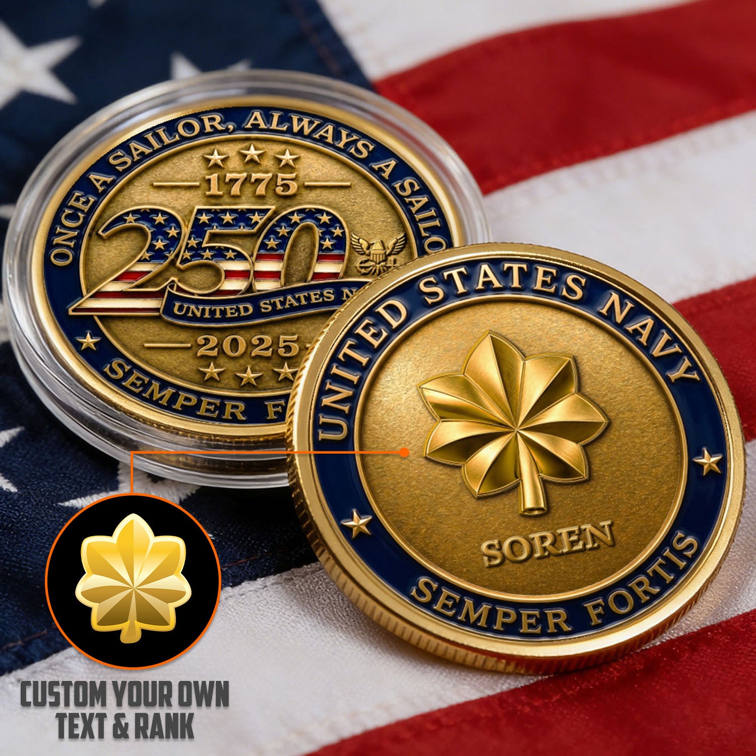 Personalized U.S. Navy 250th Anniversary Rank Challenge Coin