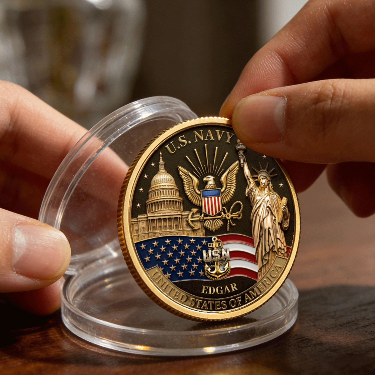 US Navy Veteran Personalized Rank Name 3D Challenge Coin