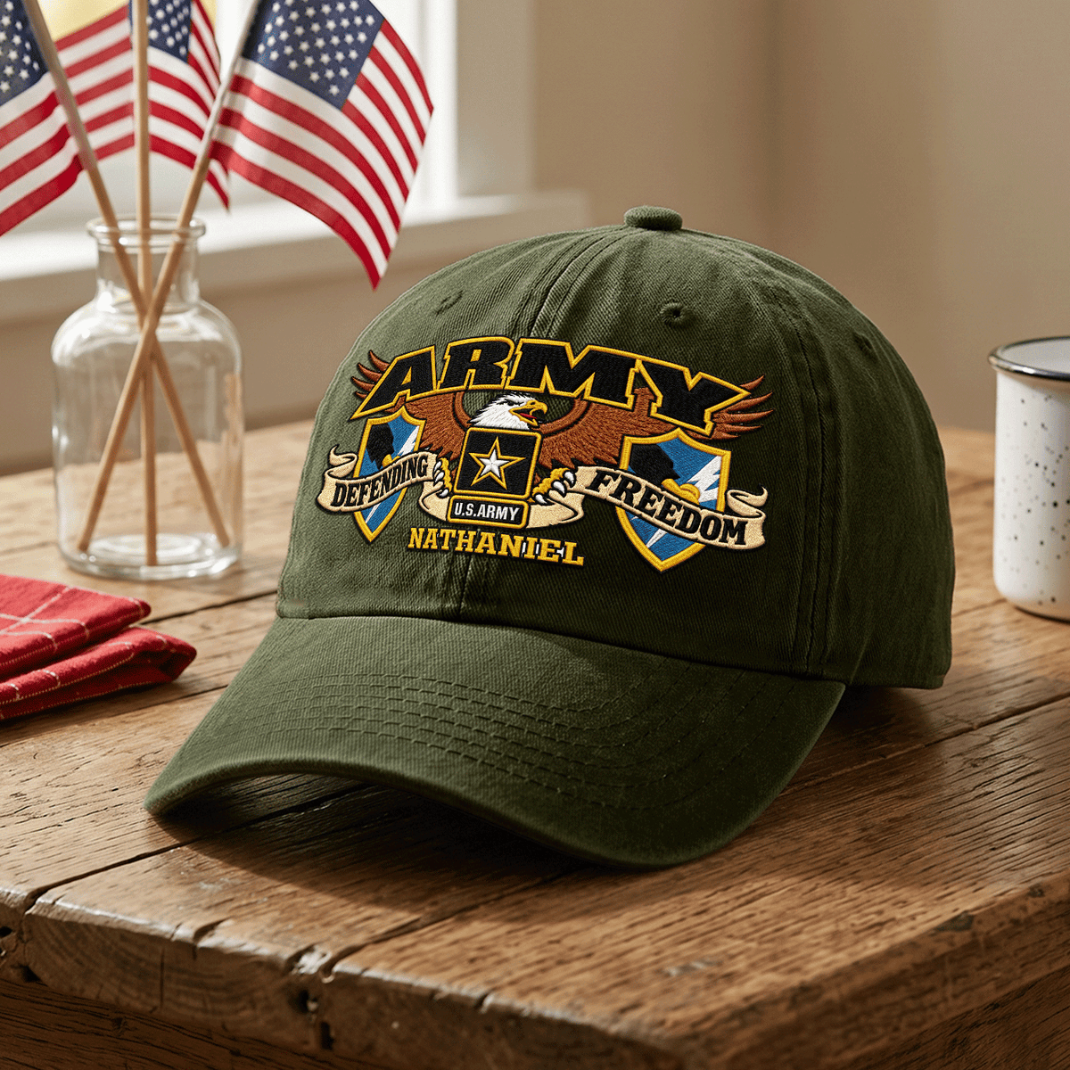 Custom Army Veteran Washed Cap Personalized Military Rank and Text