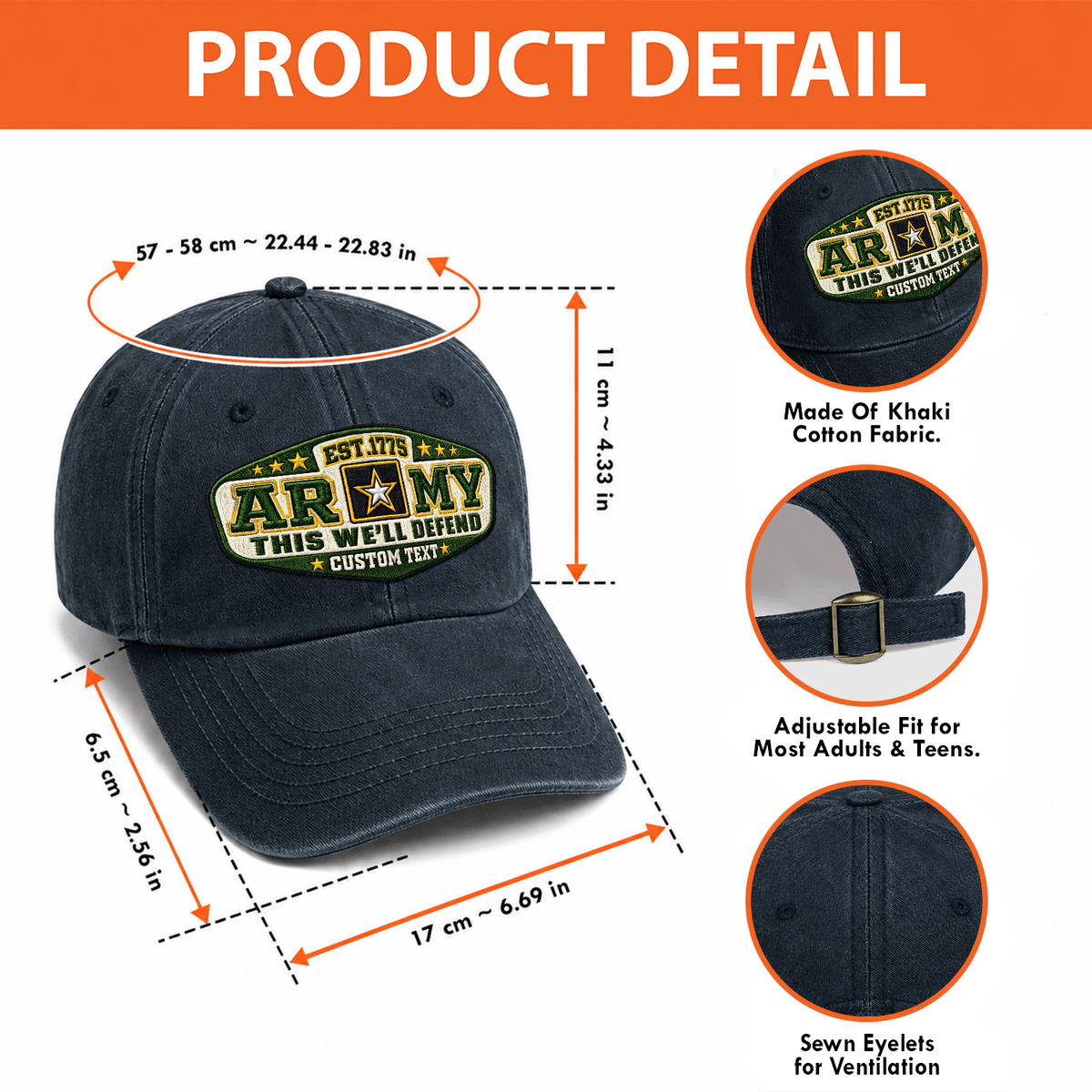 Custom Army Embroidered Cap Personalized Rank and Custom Text