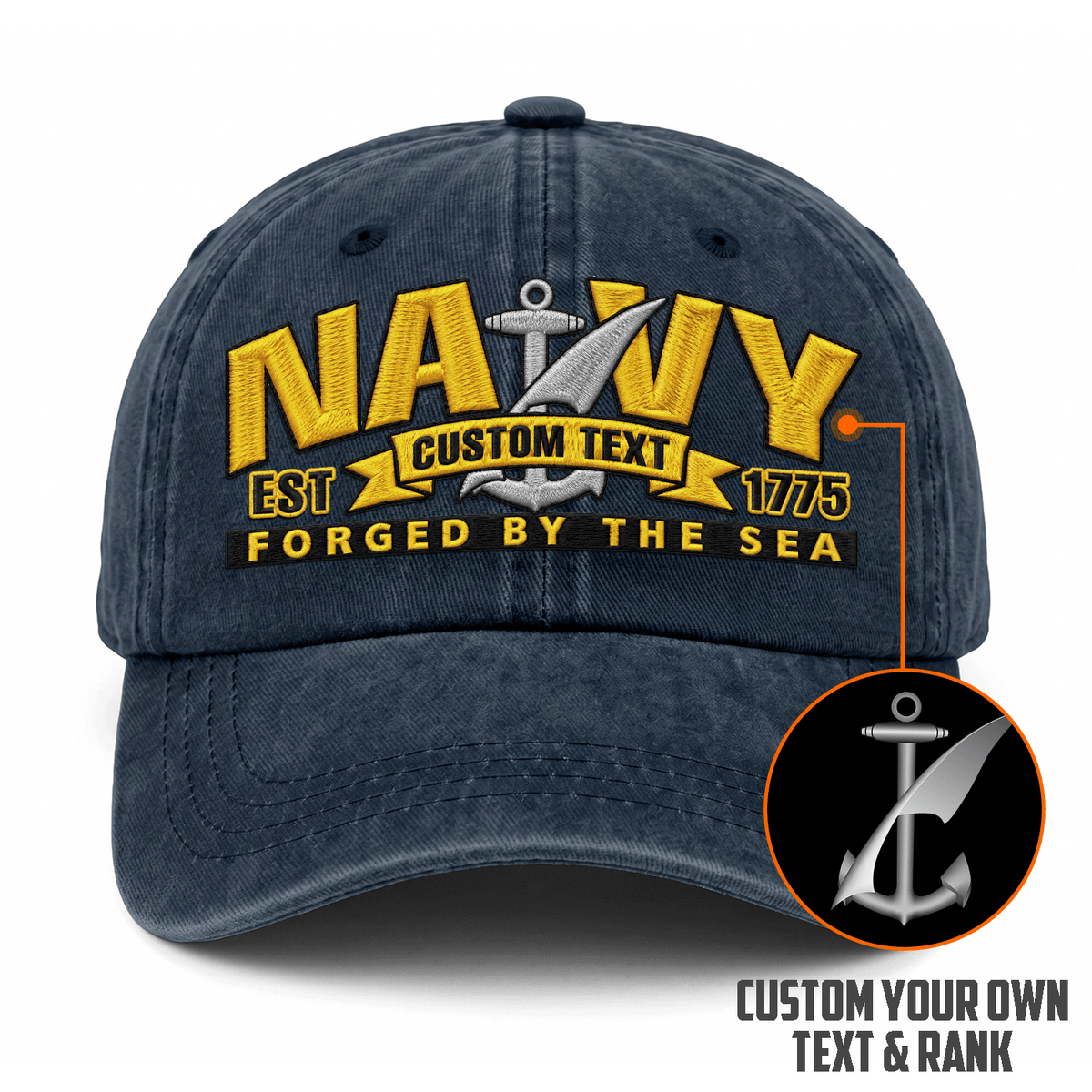 U.S. Navy Embroidered Cap Custom Rank Text Veteran Gift