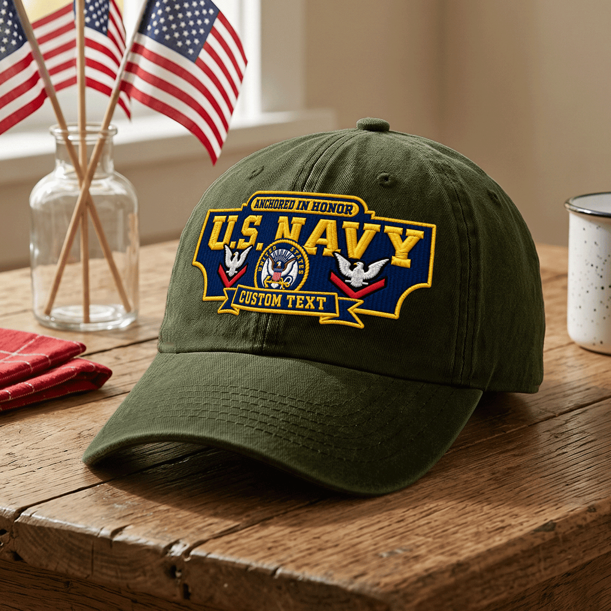 Custom U.S. Navy Washed Cap Personalized Military Rank and Text