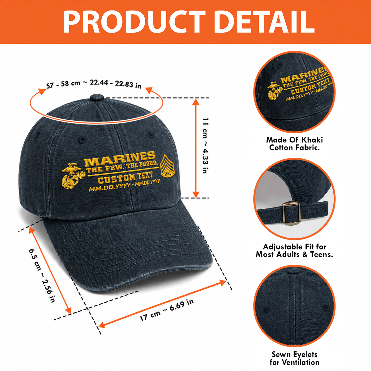 Personalized Marine Corps Washed Hat Custom Military Rank and Text